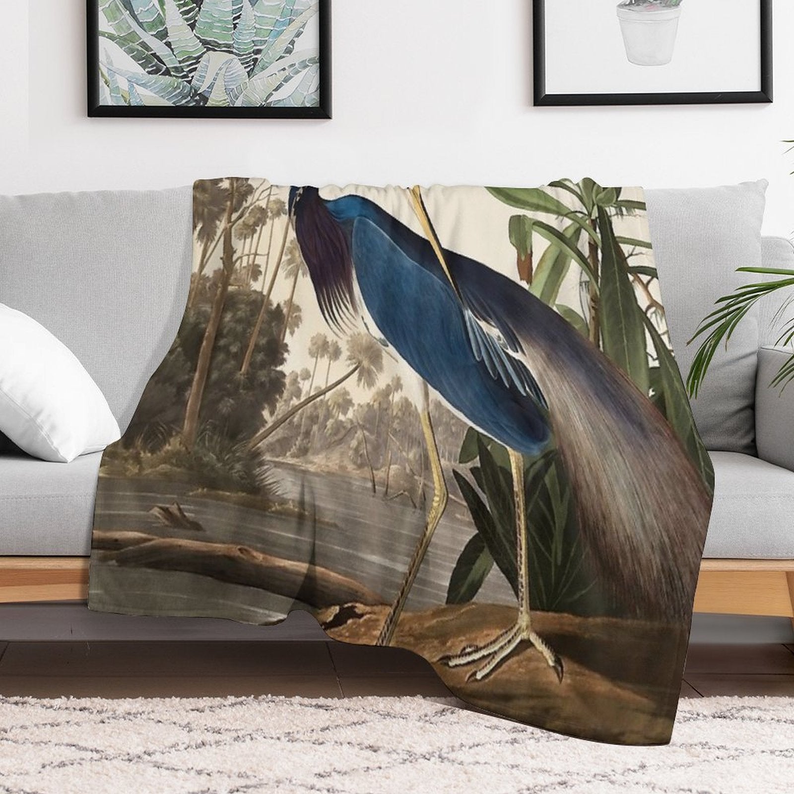 Blue Heron Vintage Tropical Bird Eco-conscious Throw Blanket