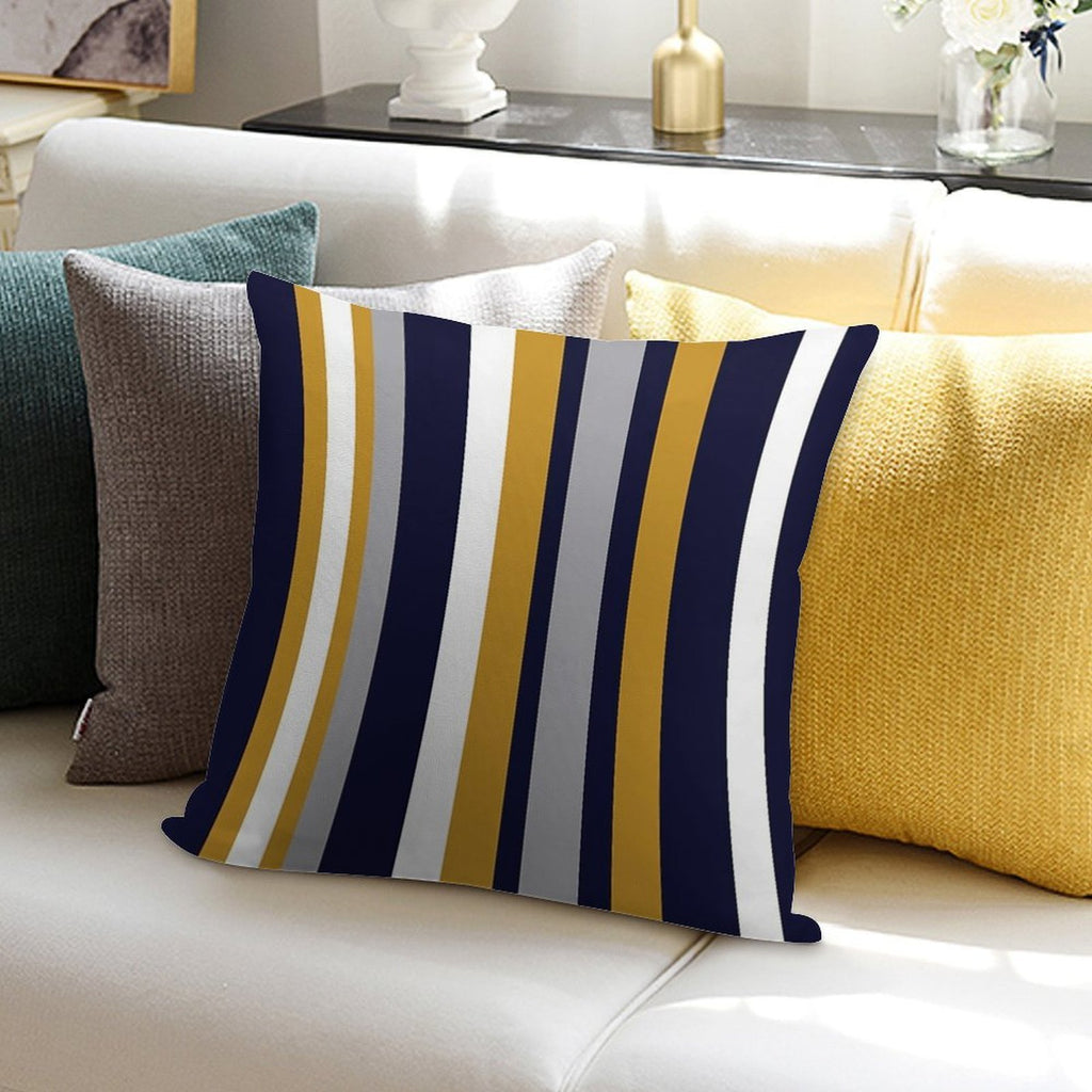 Modern Stripes Vertical Pattern in Honey Mustard Yellow, Dark Navy Blue, Gray, And White. Minimalist Color Block Soft Short Plush Fabric Throw Pillow
