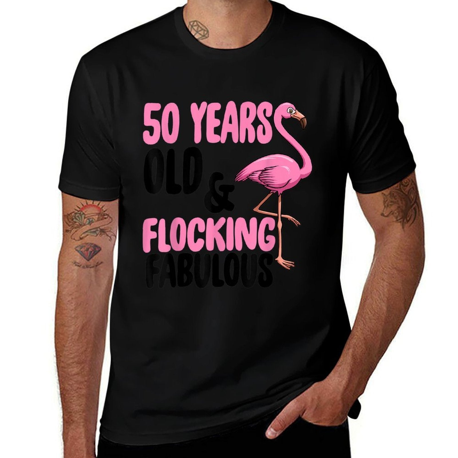 Flocking Fabulous 50th Birthday Funny Pink Flamingo  Tagless Design T-Shirt