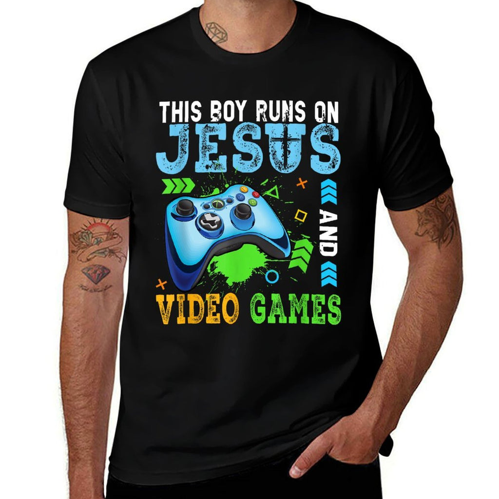 This Boy Runs On Jesus And Video Games Christian Gamer  Tagless Design T-Shirt