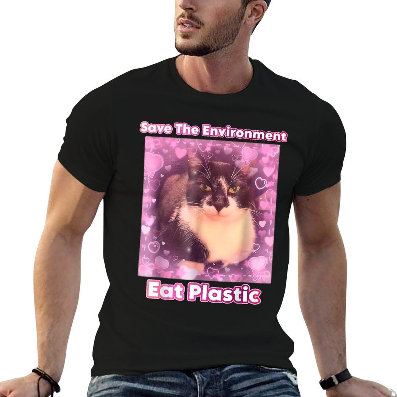 Save The Environment Eat Plastic Cat Meme Funny Memes Gen Z  Easy-care T-Shirt