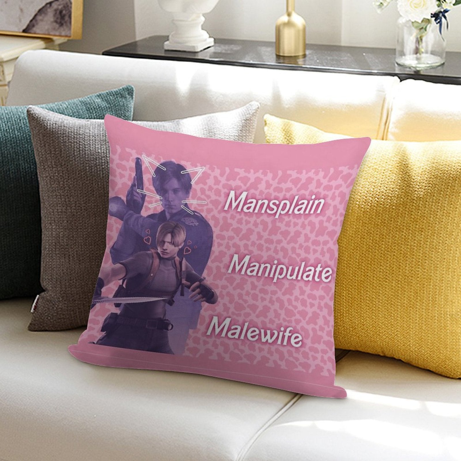 Mansplain, Manipulate, Malewife Leon (Cow) PINK VERSION Soft Style Accent Throw Pillow