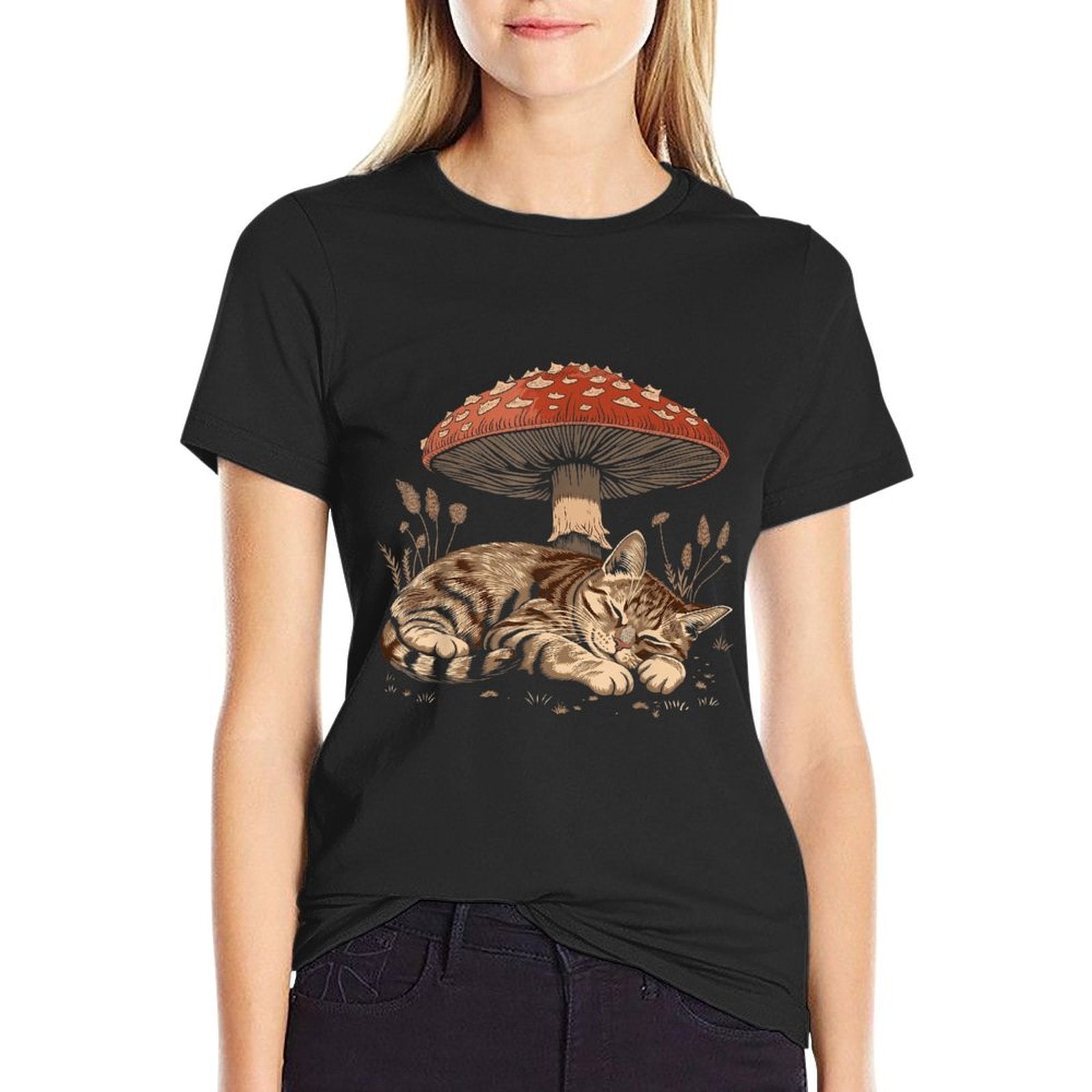 Cute Tabby Cat Gray Cat Cottagecore Aesthetic Mushroom  Rolled Sleeves T-Shirt