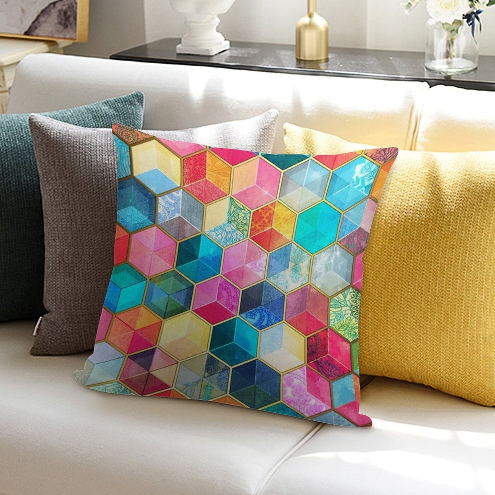 Crystal Bohemian Honeycomb Cubes - Colorful Hexagon Pattern Soft Anti-Pilling Throw Pillow