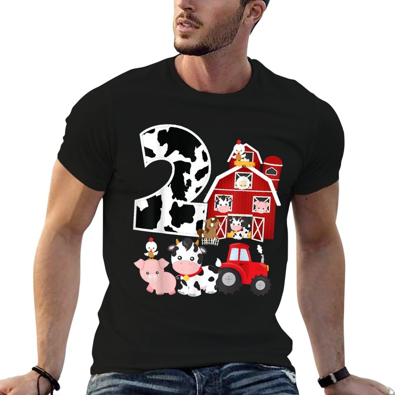 Farm Barnyard Theme Pig Cow Horse 2nd Birthday 2 Yrs Old  Odor-resistant T-Shirt