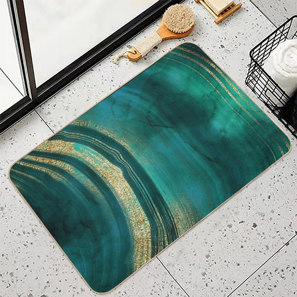 Gold Veined Green Luxury Faux Marble  Easy To Clean Bath Mat