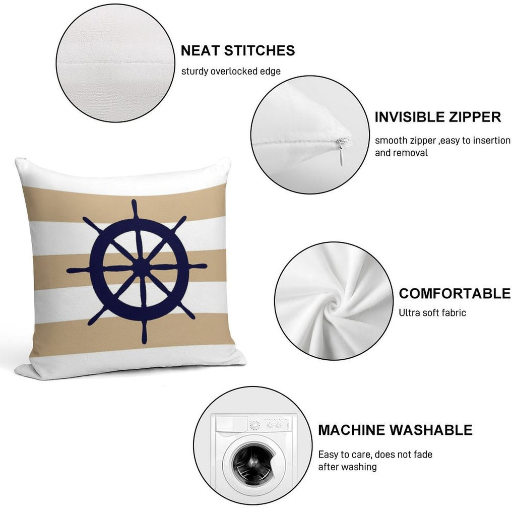 Nautical Navy Blue Ship's Steering Wheel On Tropical Tan Stripes Soft Hidden Zipper Throw Pillow