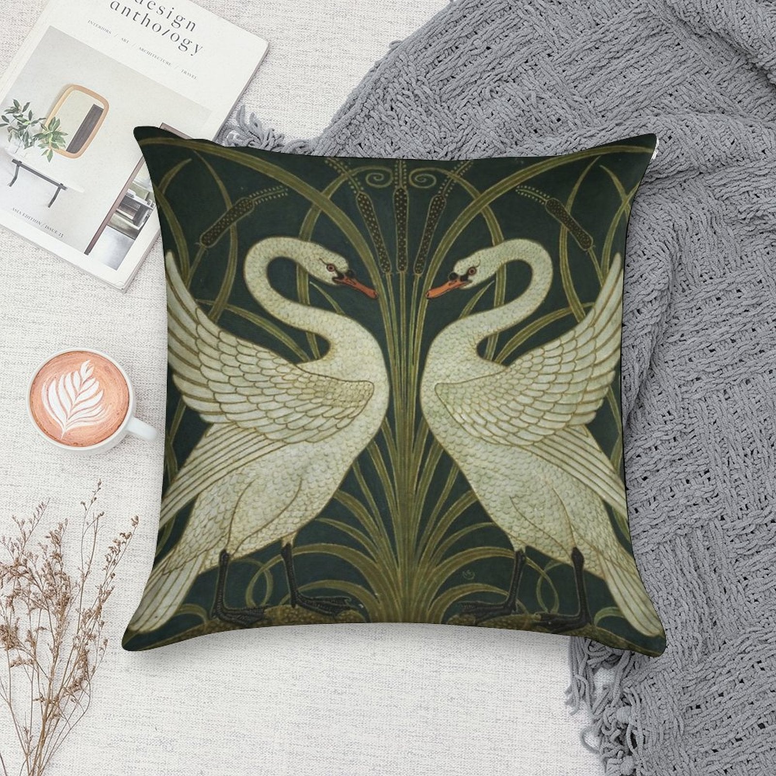 Art Deco - Swan, Rush, And Iris Soft Shrink-Resistant Throw Pillow