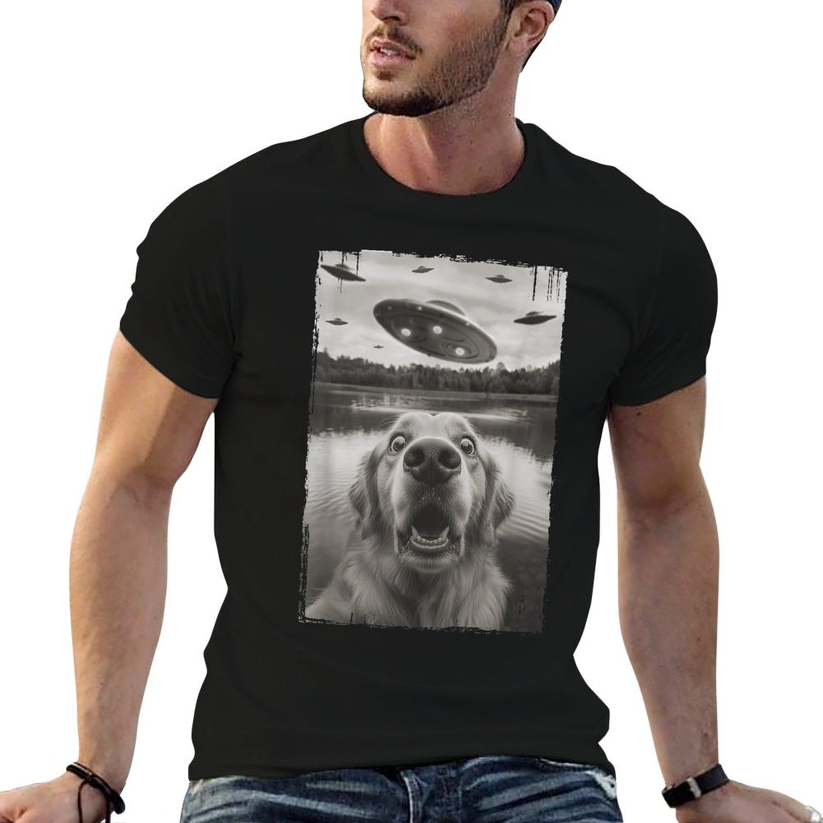 Golden Retriever Selfie with UFO - Funny Golden Retriever  Tagless Design T-Shirt