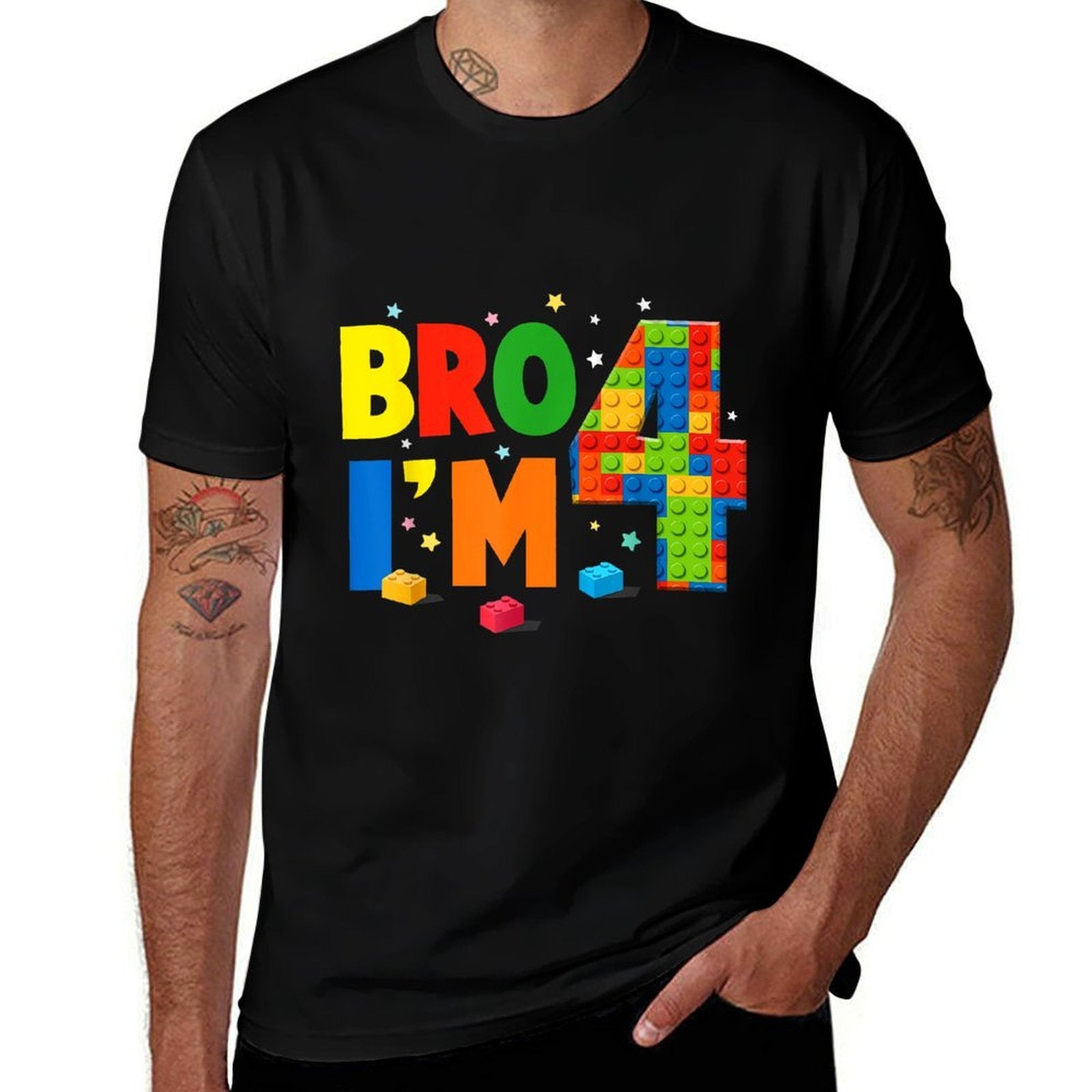 Birthday Boy Bro I’m 4 Year Old Building Blocks Brick  Summer-ready Fabric T-Shirt