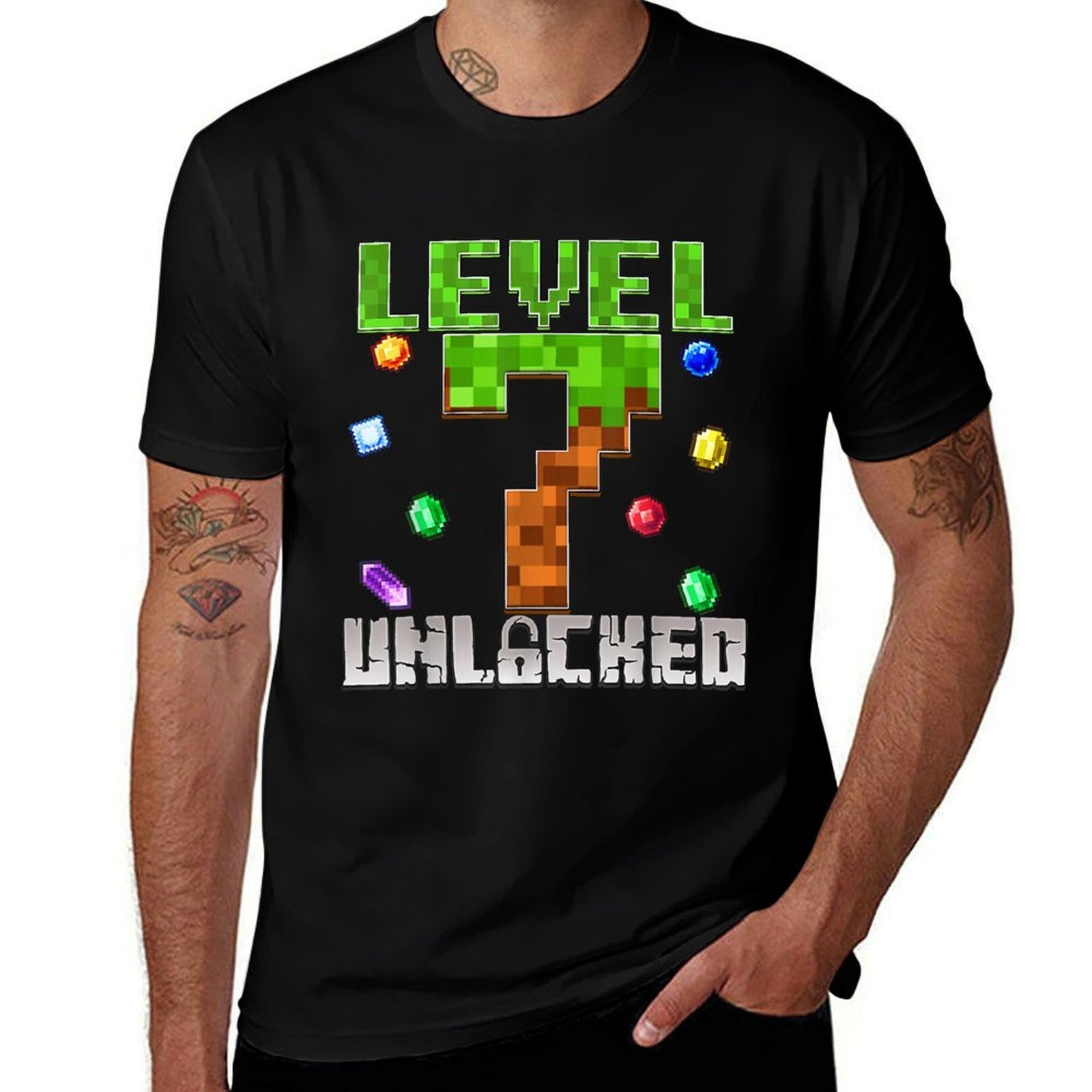 Birthday Boy Level 7 Unlocked 7th Birthday Game Pixel  Cotton T-Shirt