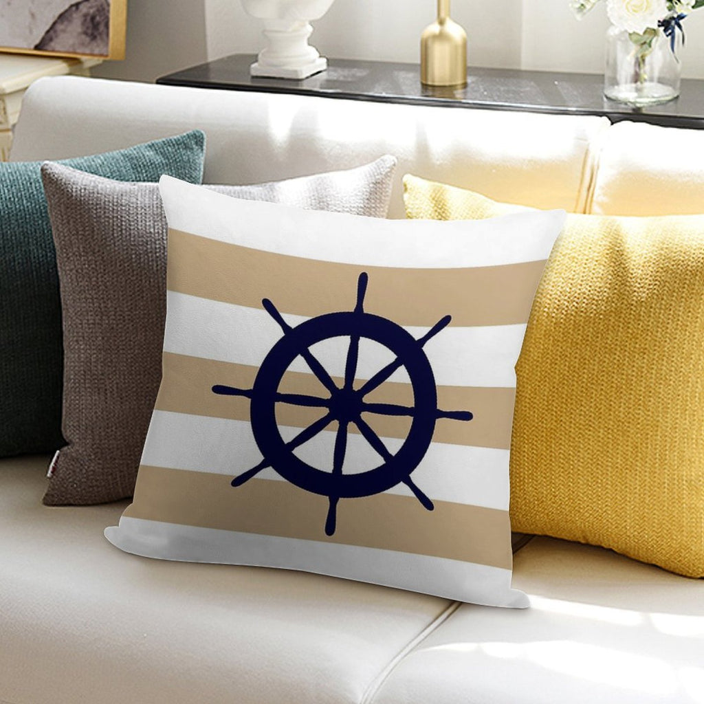 Nautical Navy Blue Ship's Steering Wheel On Tropical Tan Stripes Soft Hidden Zipper Throw Pillow