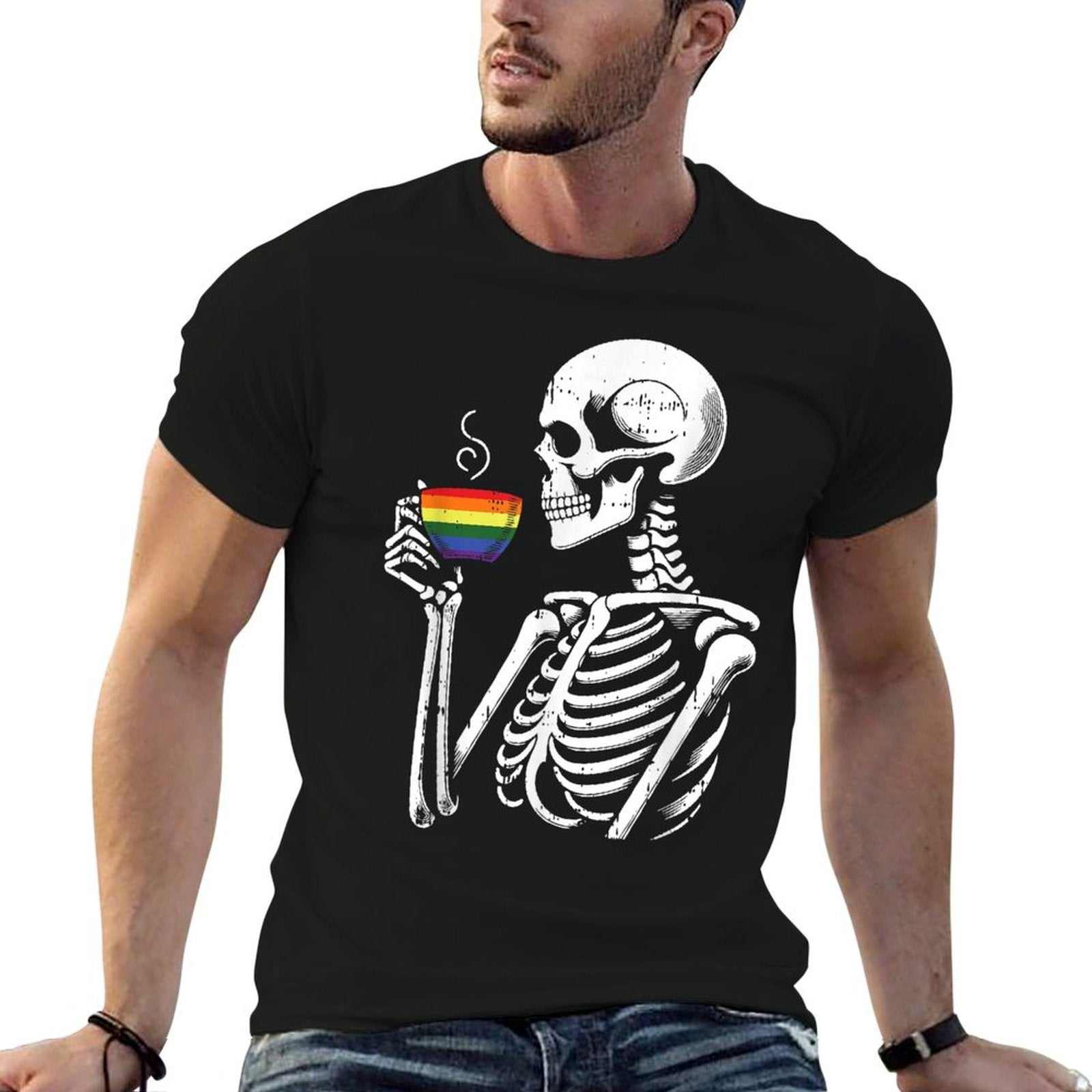 Skeleton Drinking Coffee LGBT-Q Gay Pride Ally Men Women  Affordable Price T-Shirt
