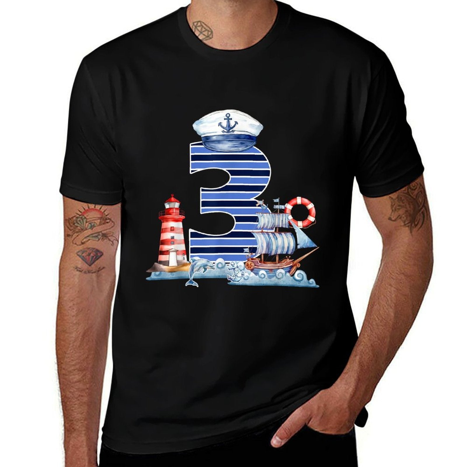 Kid Three 3 Years Old Boy Sailor Nautical 3rd Birthday Party  Relaxed-fit T-Shirt