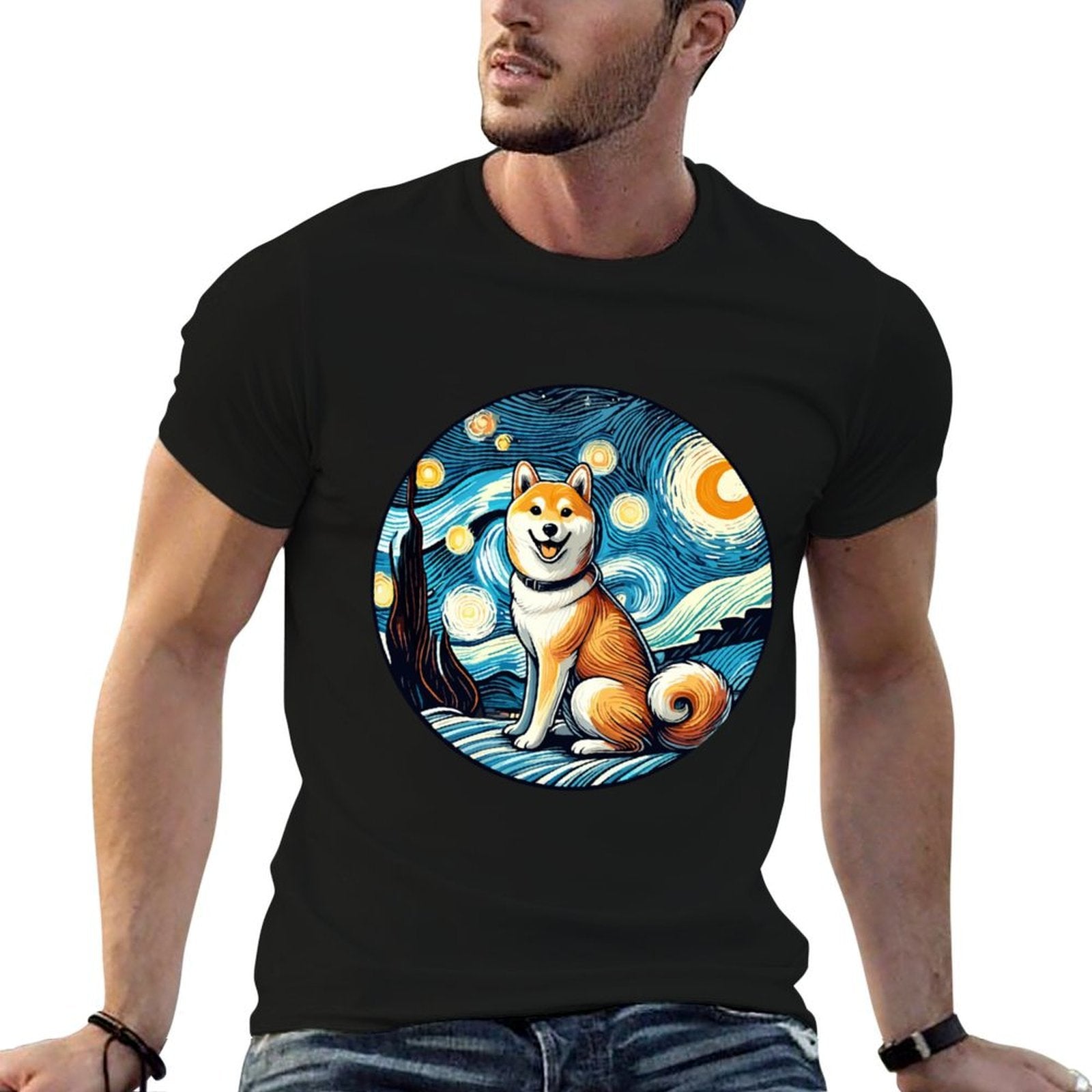 Shiba Inu Dog Mom Dad Cute - Van Gogh Starry Night Style Comfortable T-Shirt