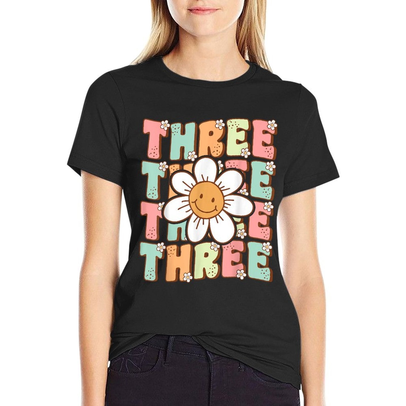 Cute Groovy 3rd Birthday Party Daisy Flower Three Year Old  Lightweight T-Shirt