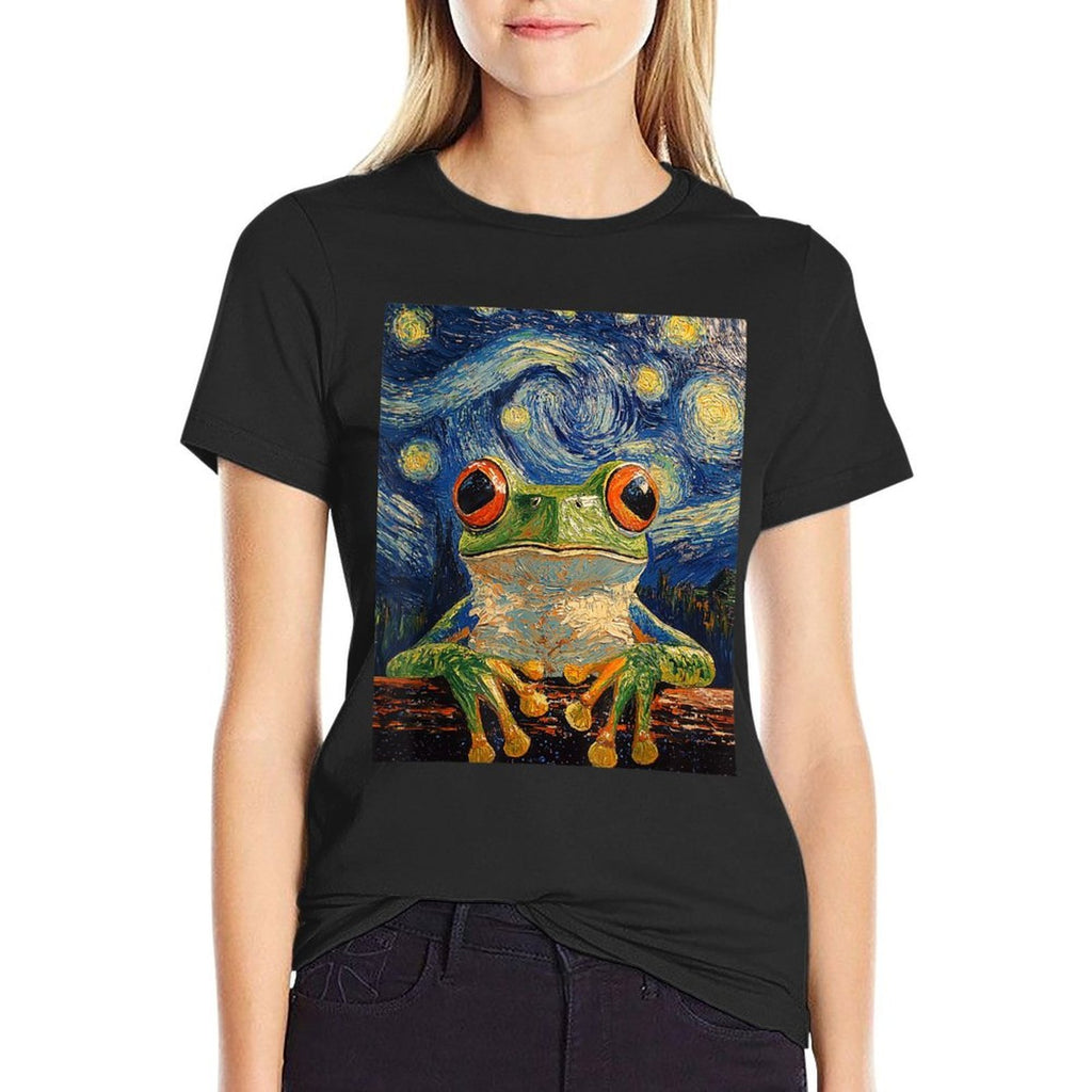 Funny Frog Graphic - Van Gogh Style - Starry Night  Rolled Sleeves T-Shirt