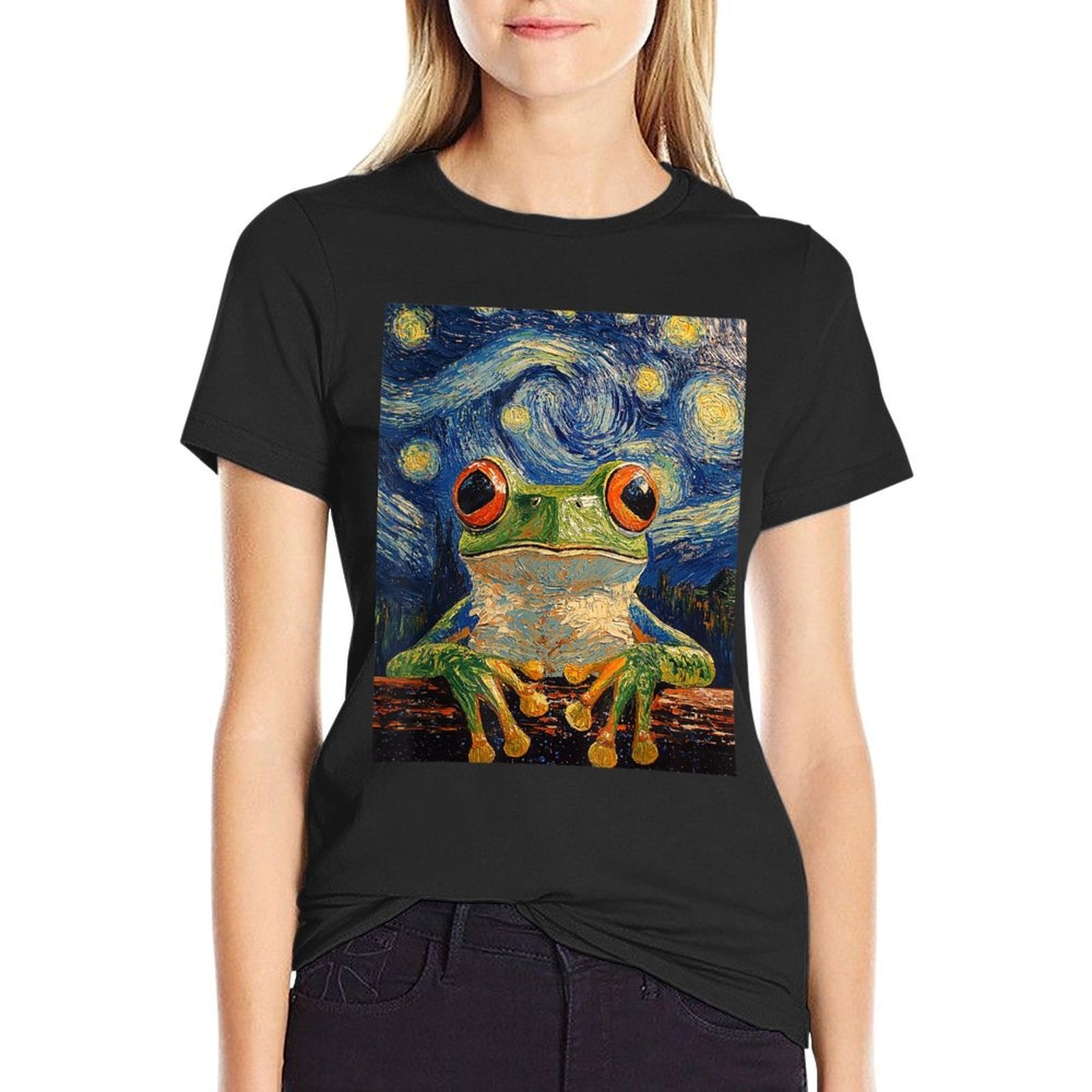 Funny Frog Graphic - Van Gogh Style - Starry Night  Rolled Sleeves T-Shirt