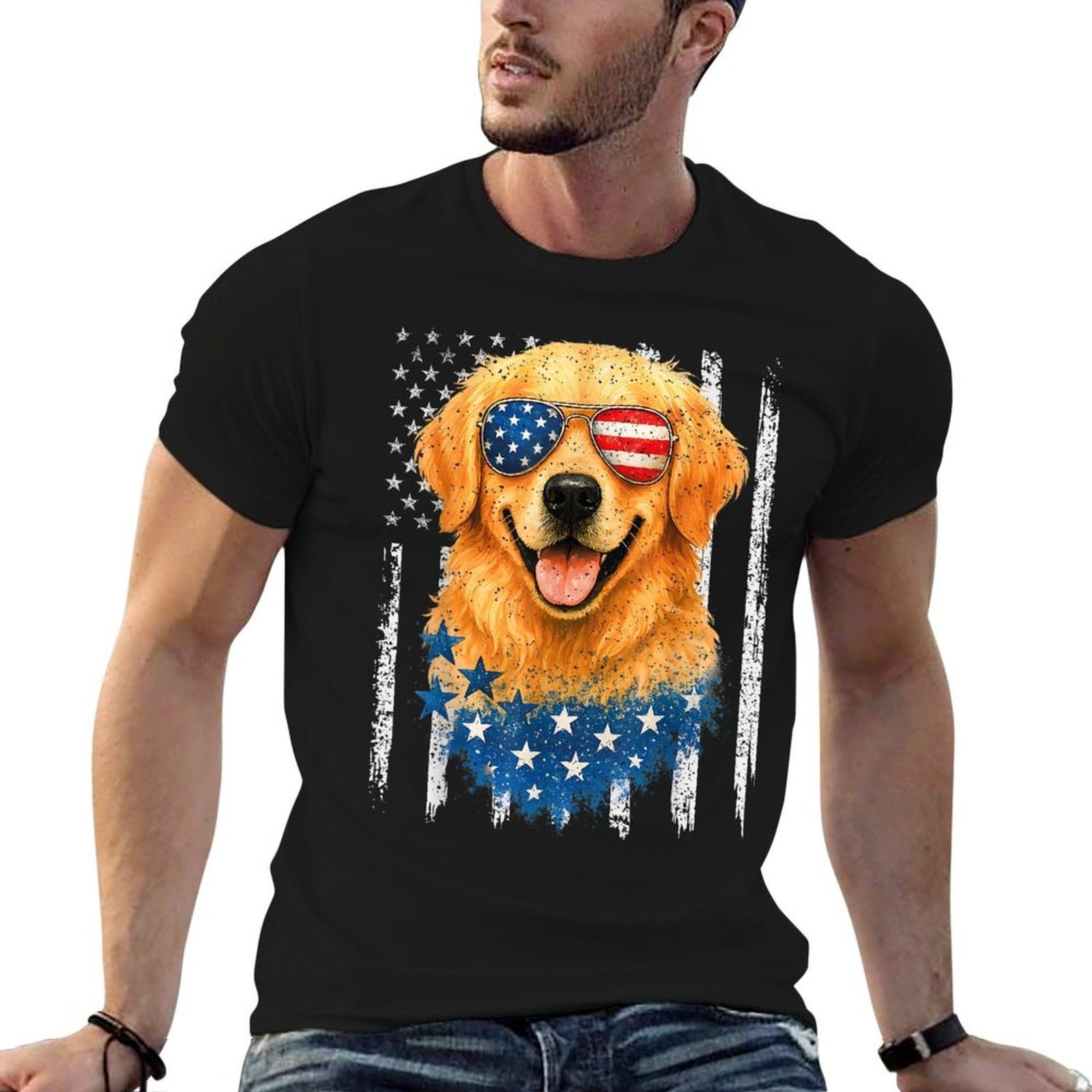American Golden Retriever USA Retro 4th Of July  Polyester Blend T-Shirt