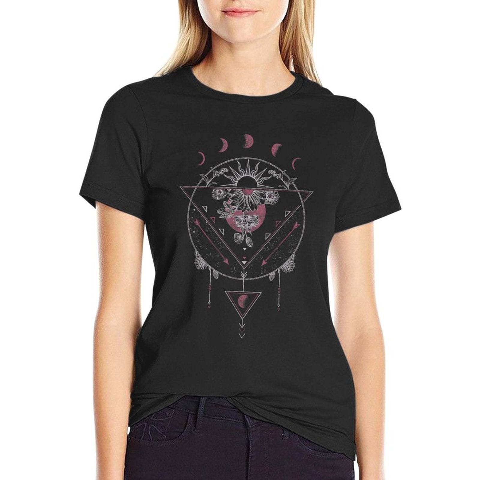 Geometric Shapes Half Sun Half Flower Boho  Durable T-Shirt
