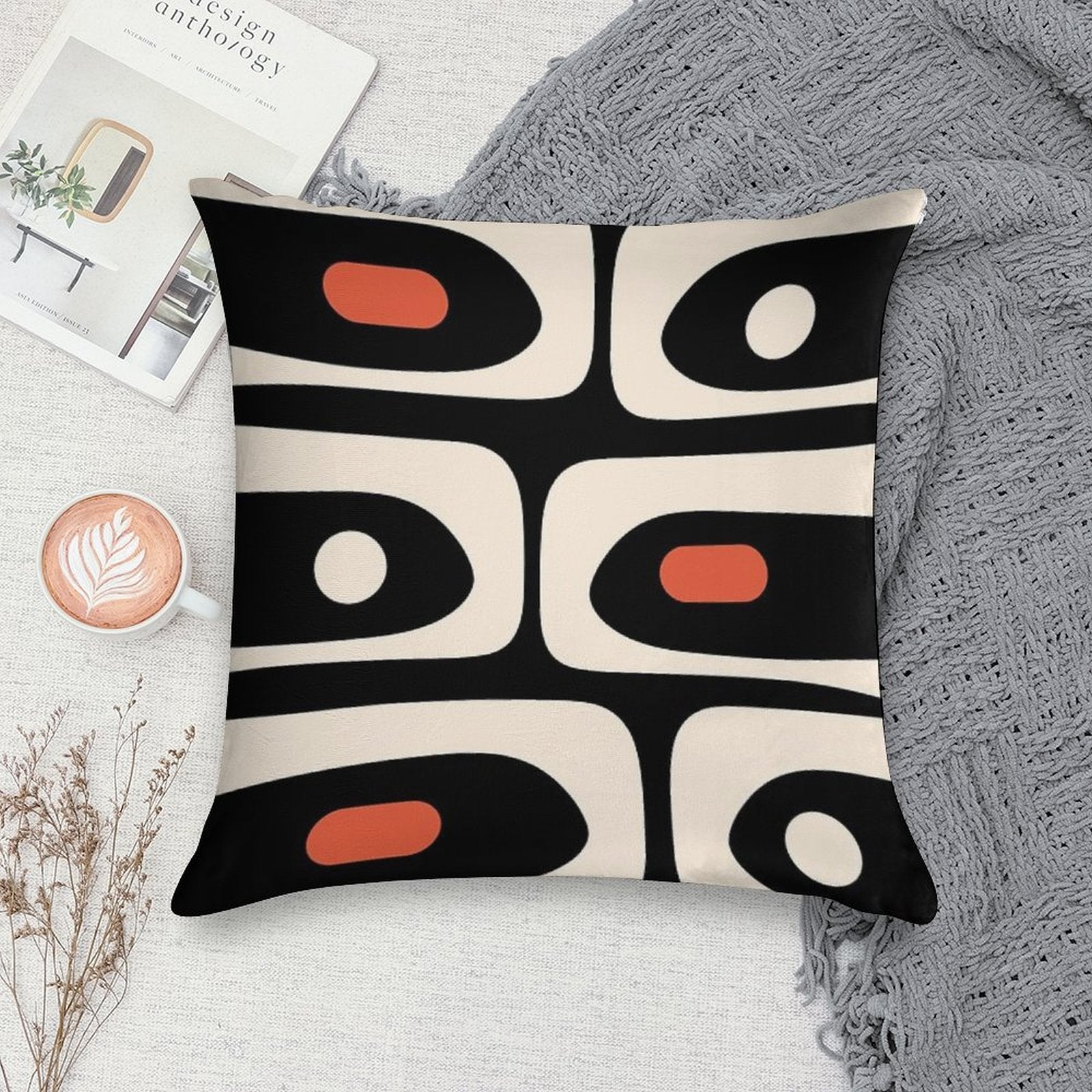 Mid Century Modern Piquet Abstract Pattern Black, Orange, And Almond Cream Soft Anti-Pilling Throw Pillow