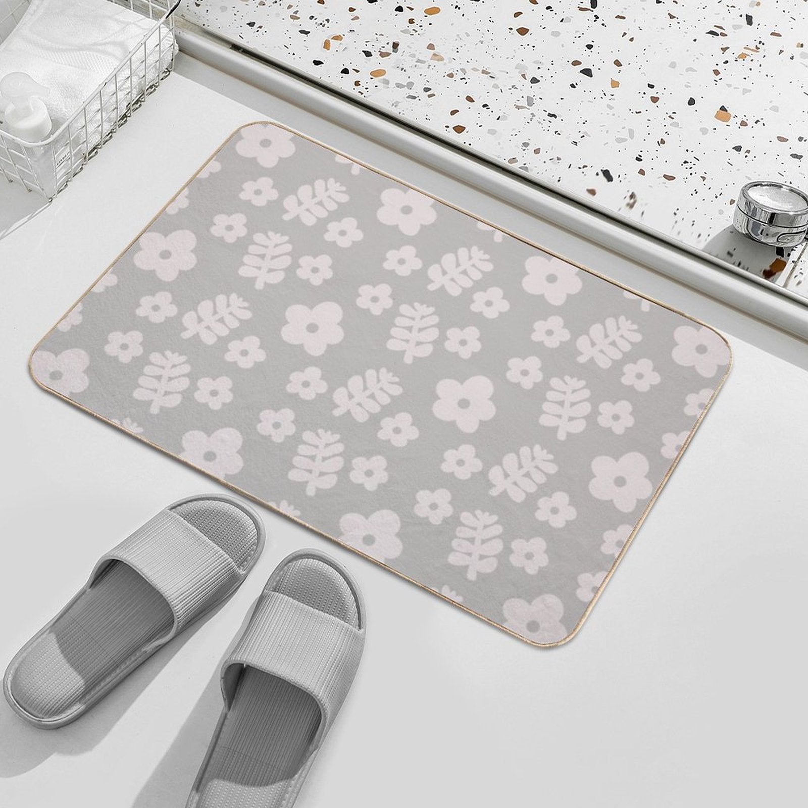 Mid Century Modern Flowers & Leaves, Cute Retro Pattern, Taupe  Stain-Proof Bath Mat