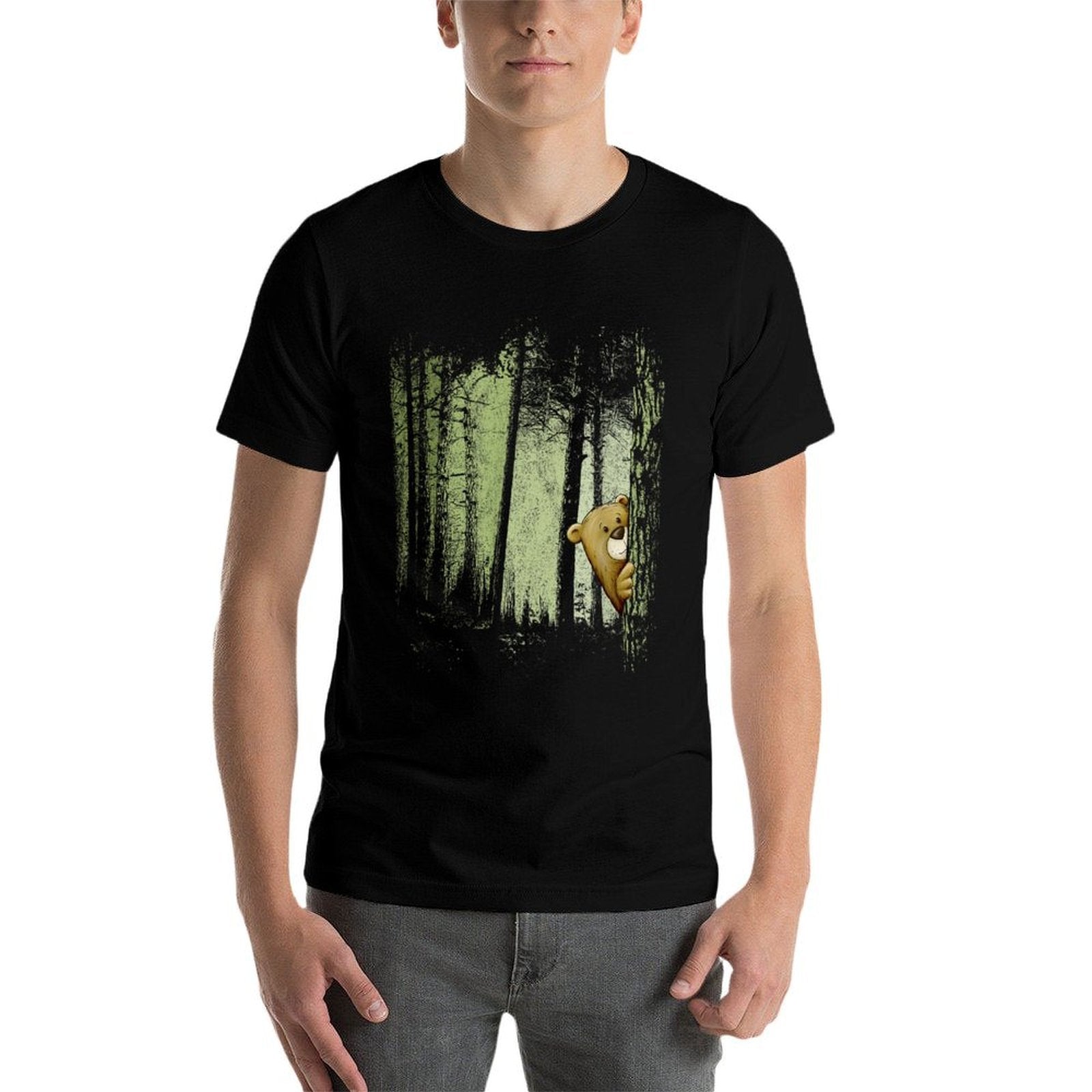 Funny Cute Cartoon Bear Hiding In Twilight Forest Outdoor  Eco-friendly Material T-Shirt