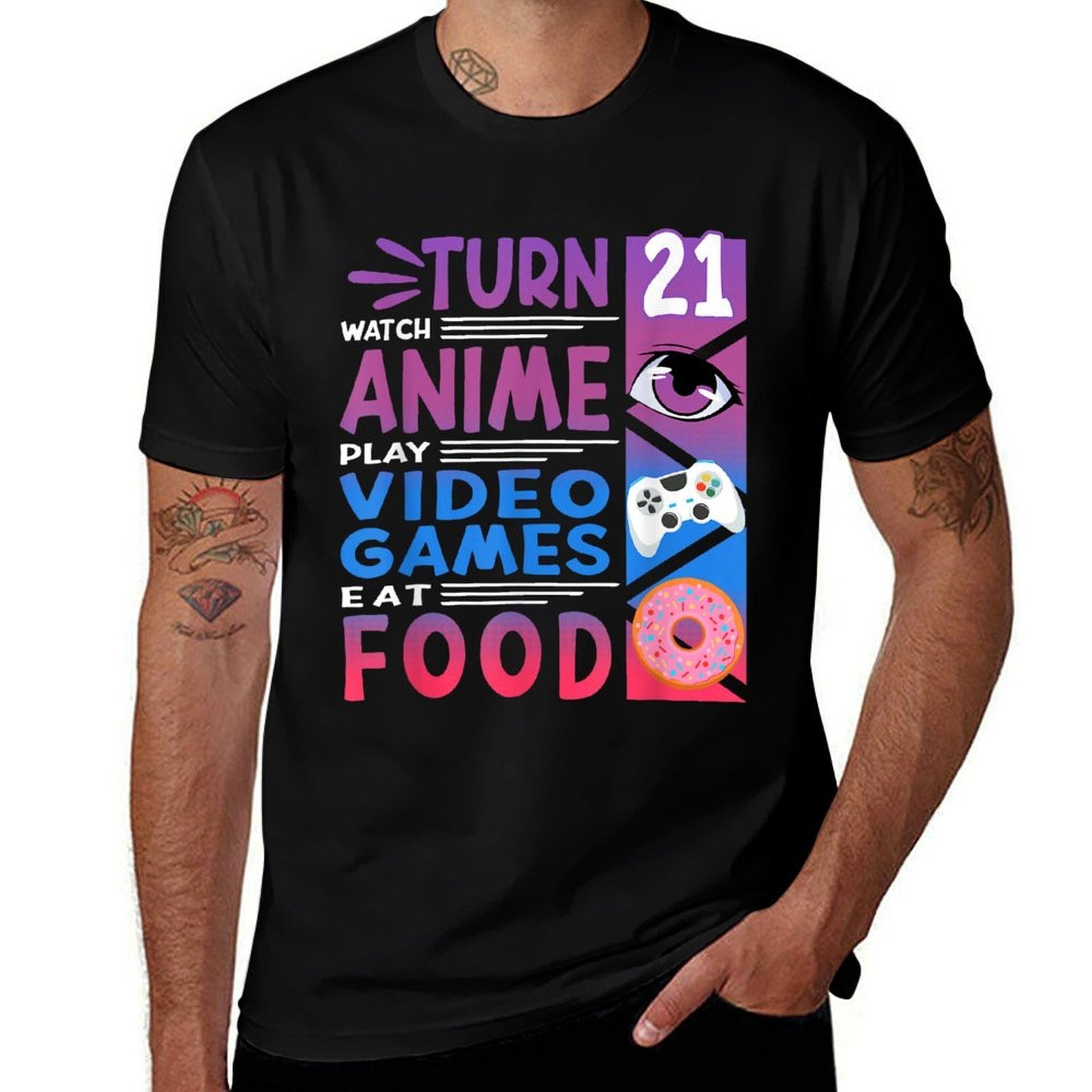 21st Birthday I Manga I Gamer I 90s Kawaii Donuts Anime  Ribbed Collar T-Shirt