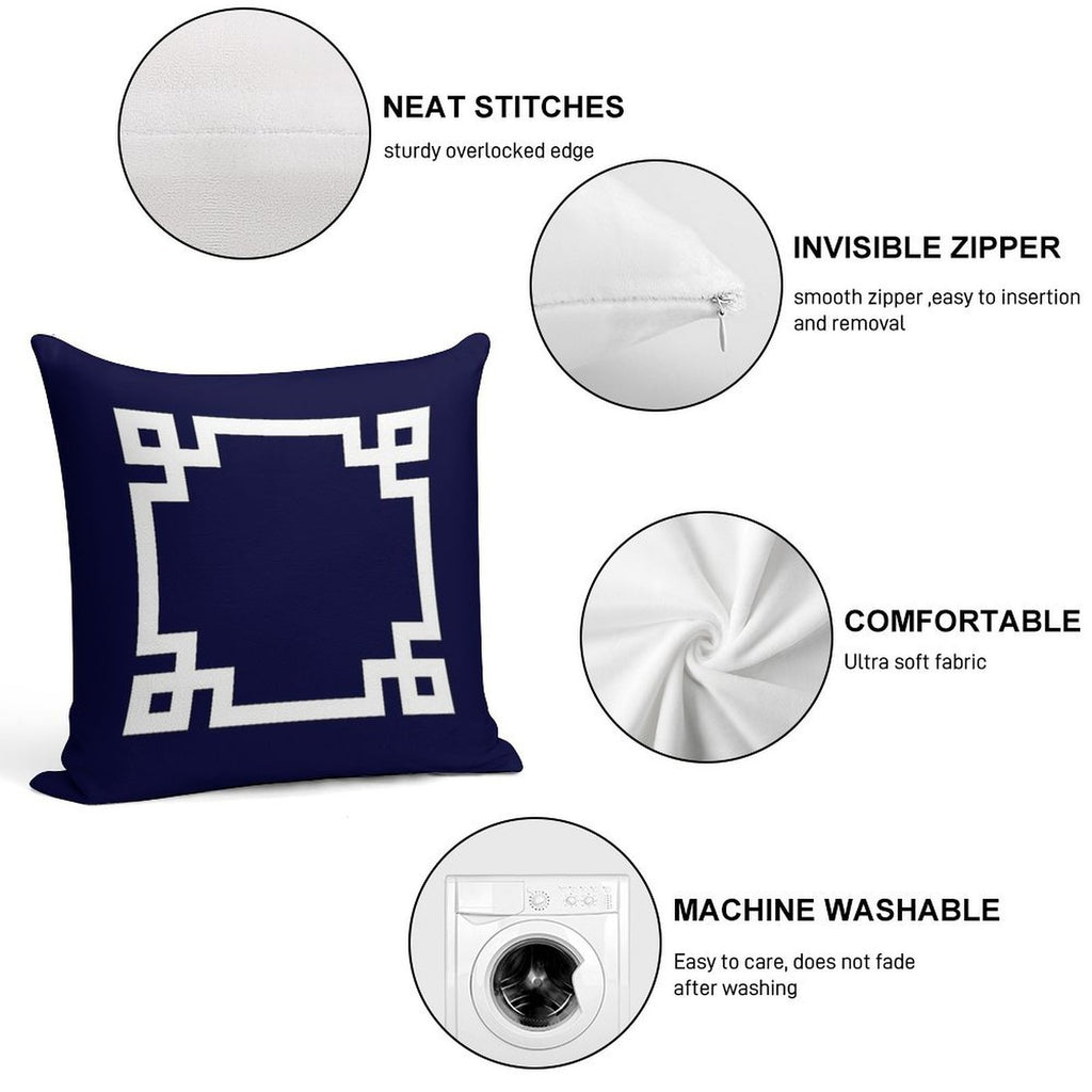 Greek Key Square White On Navy Blue Soft Short Plush Fabric Throw Pillow