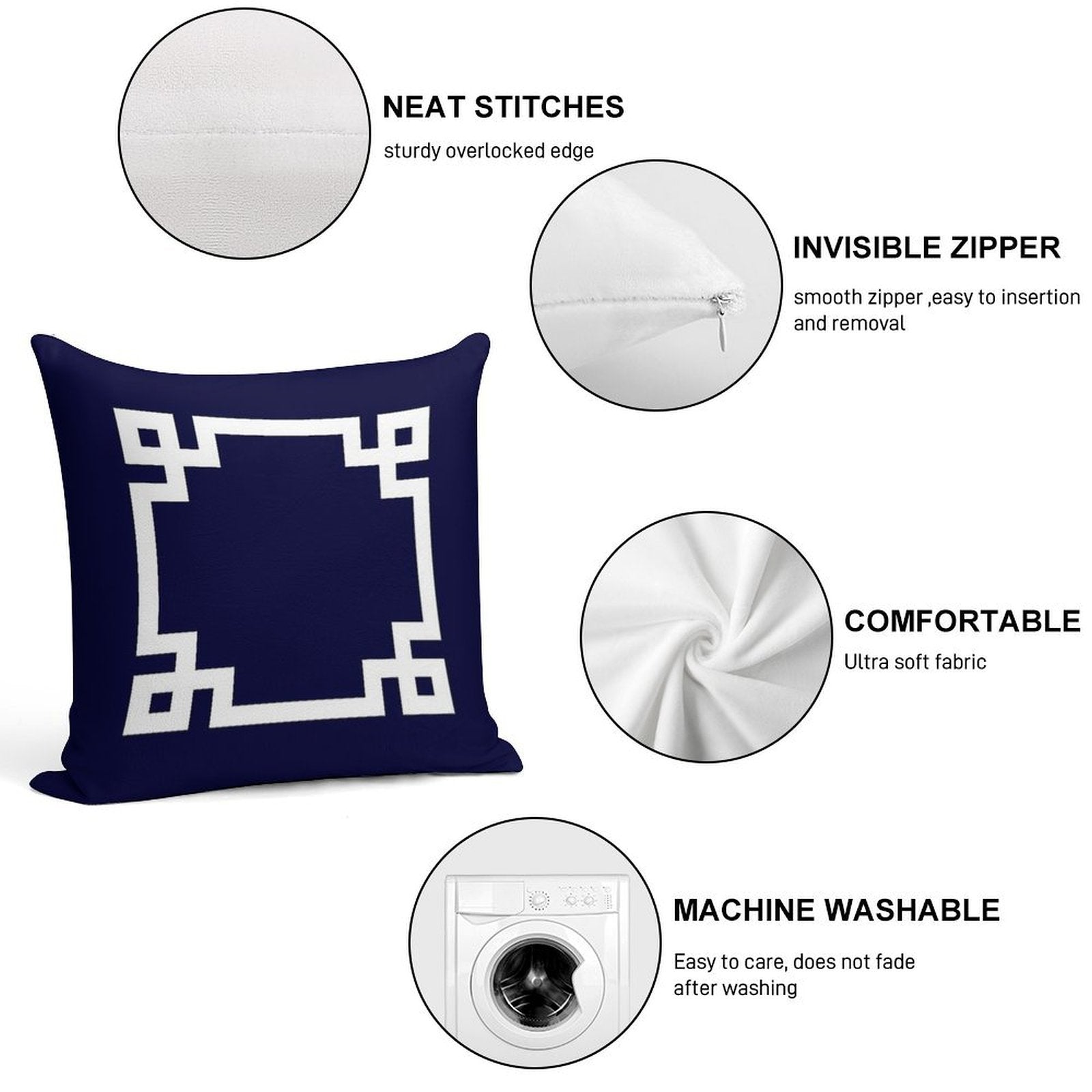 Greek Key Square White On Navy Blue Soft Short Plush Fabric Throw Pillow
