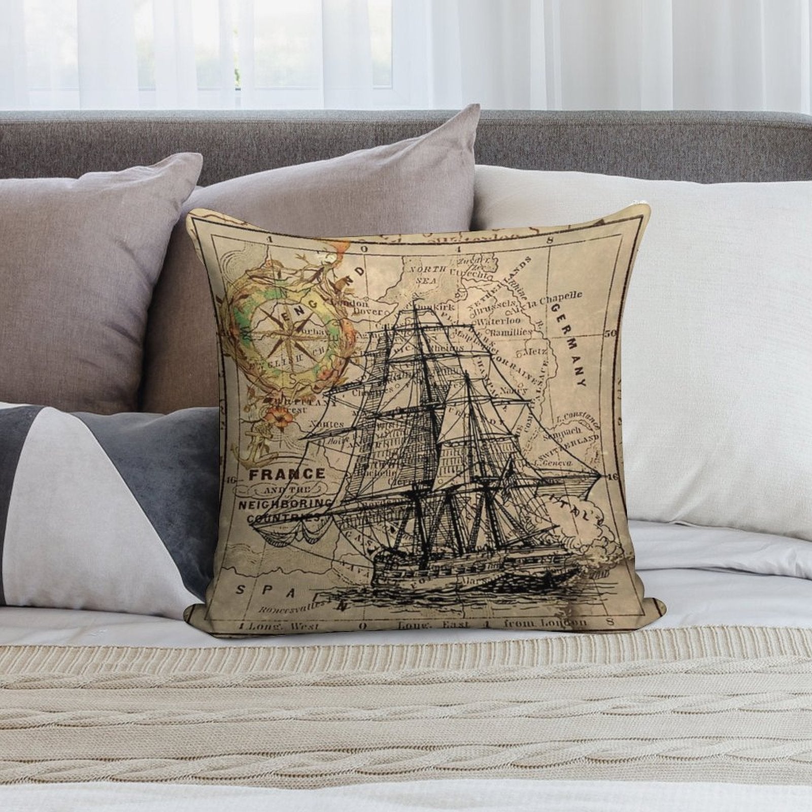 Dark Academia Vintage Pirate Ship Sailor Antique World Map Soft Reinforced Edging Throw Pillow