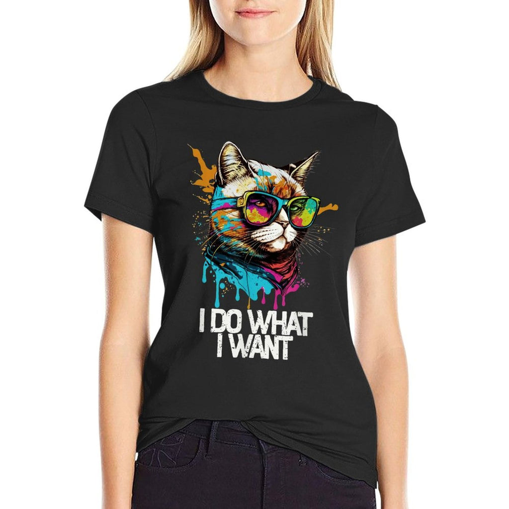 Funny Cat Accessories & Gifts for Boys Girls Kids I Do What I Want Cat With Sunglasses Unisex-Kids Kids Cotton Blend Graphic  Heathered Texture T-Shirt