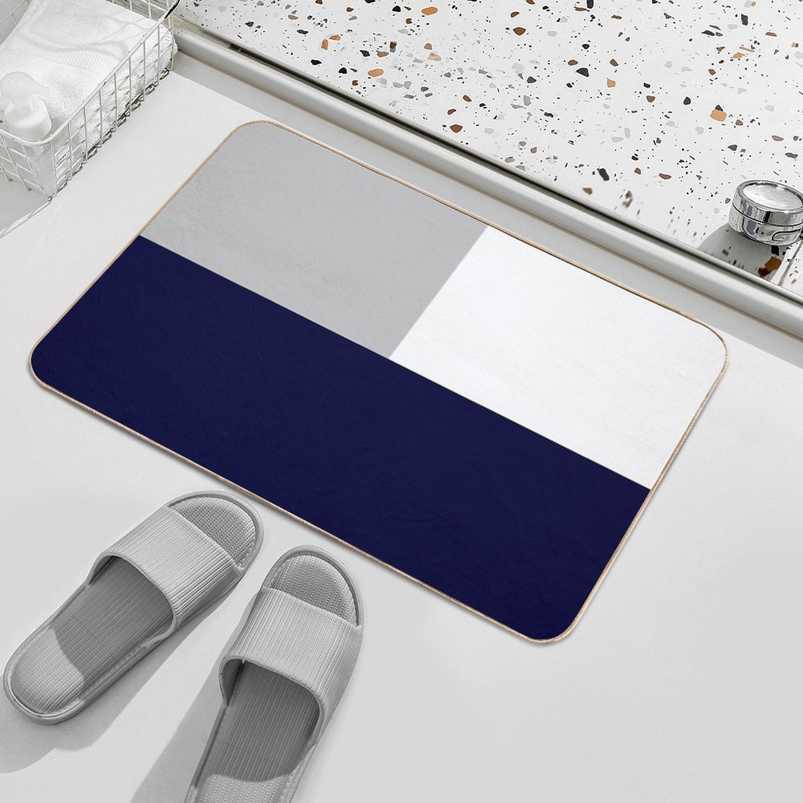 Tricolor Squares Navy Blue Silver Gray And White  Long-Lasting Bath Mat