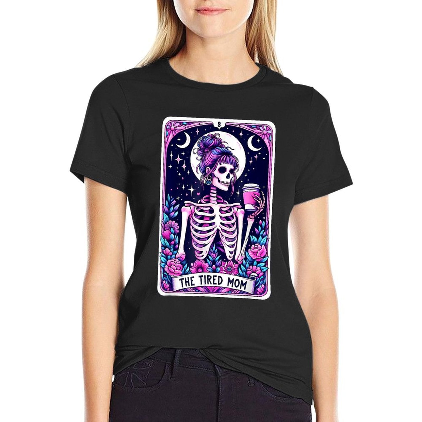 The Tired Mom Tarot Card Skeleton Mothers Day Skull Coffee  Oversized Silhouette T-Shirt