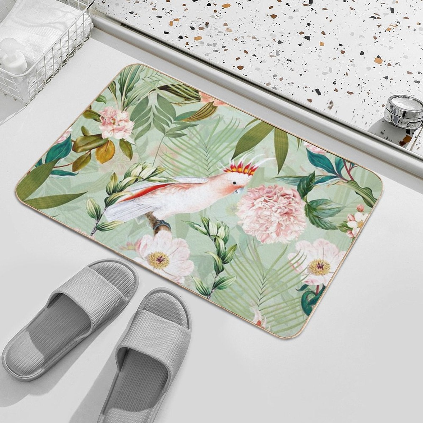 Tropical Cockatoo And Jungle Botanical Garden Pattern - Mint  Slip-Resistant Bath Mat