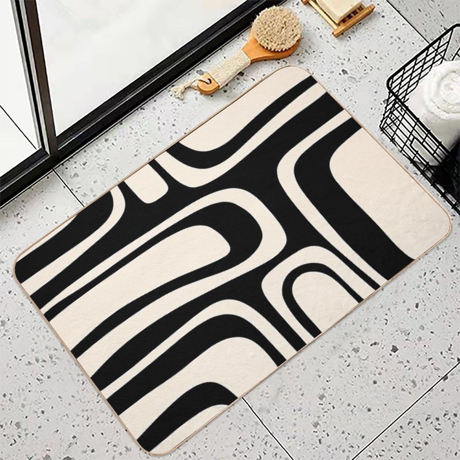 Palm Springs Retro Midcentury Modern Abstract Pattern Black And Almond Cream  Easy Maintenance Bath Mat