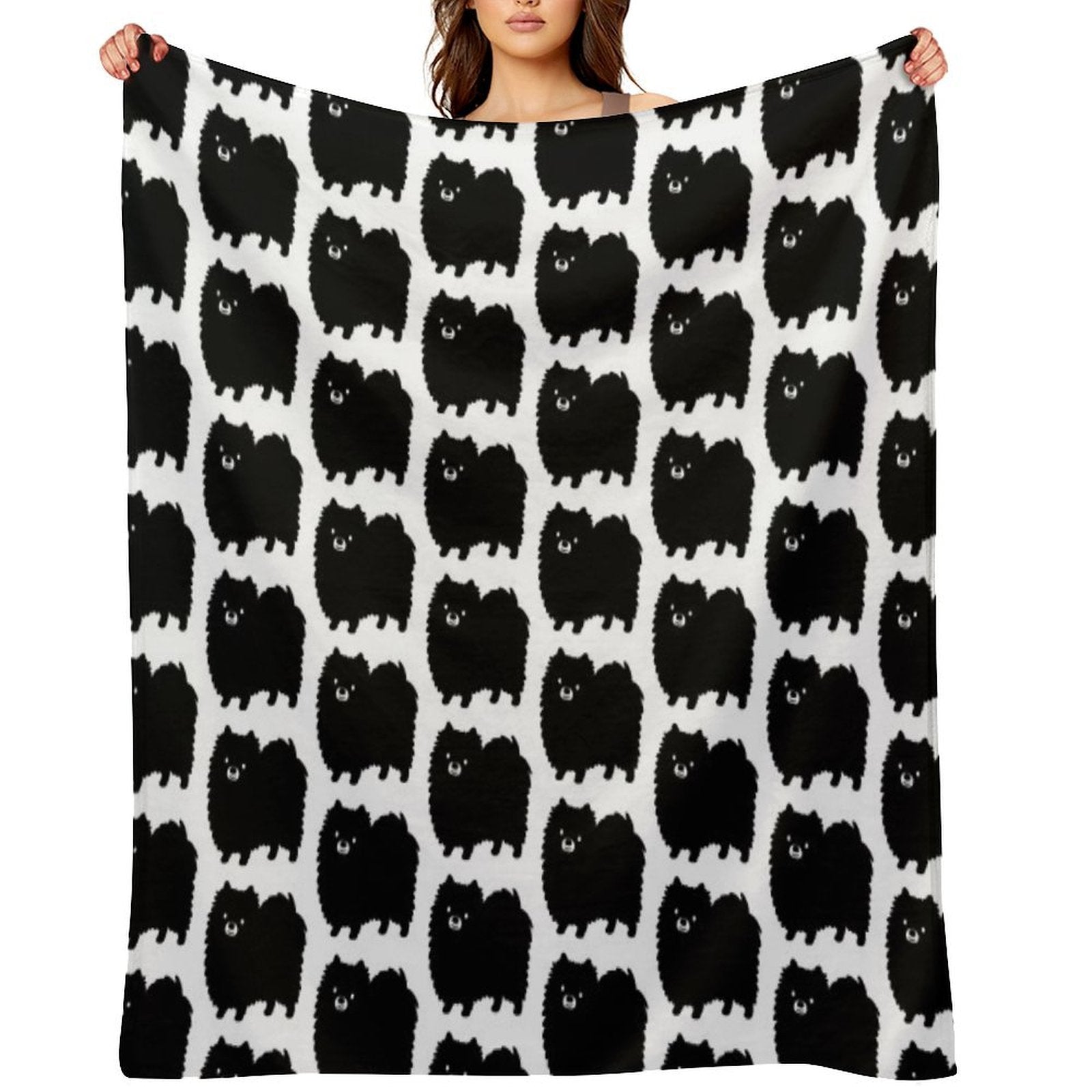 Cute Fluffy Black Pomeranian Cartoon Dog Comfort Throw Blanket
