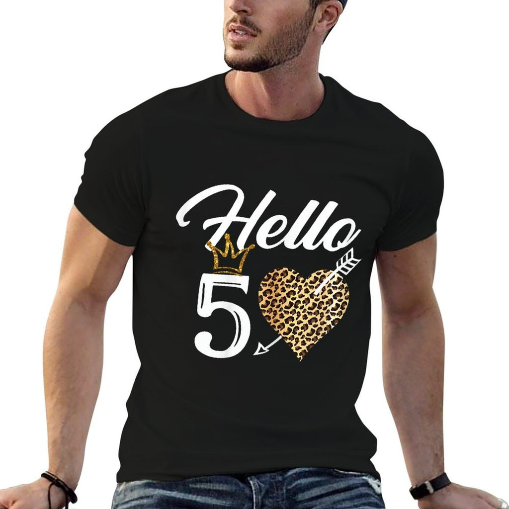 50th Birthday Shirt Hello 50 with Leopard  Fade-proof Color T-Shirt