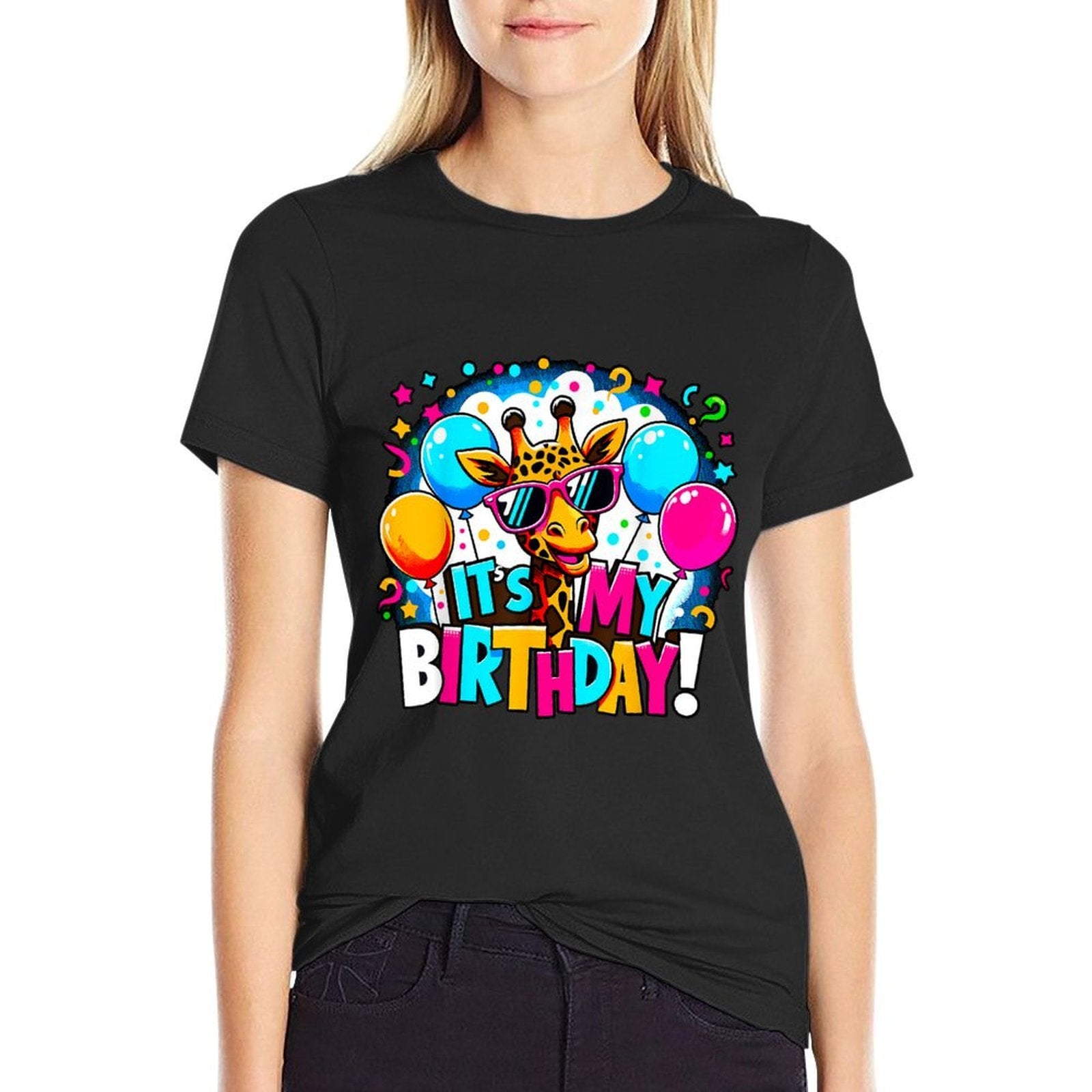It's My Birthday Party Giraffe Birthday Girl  Heathered Texture T-Shirt