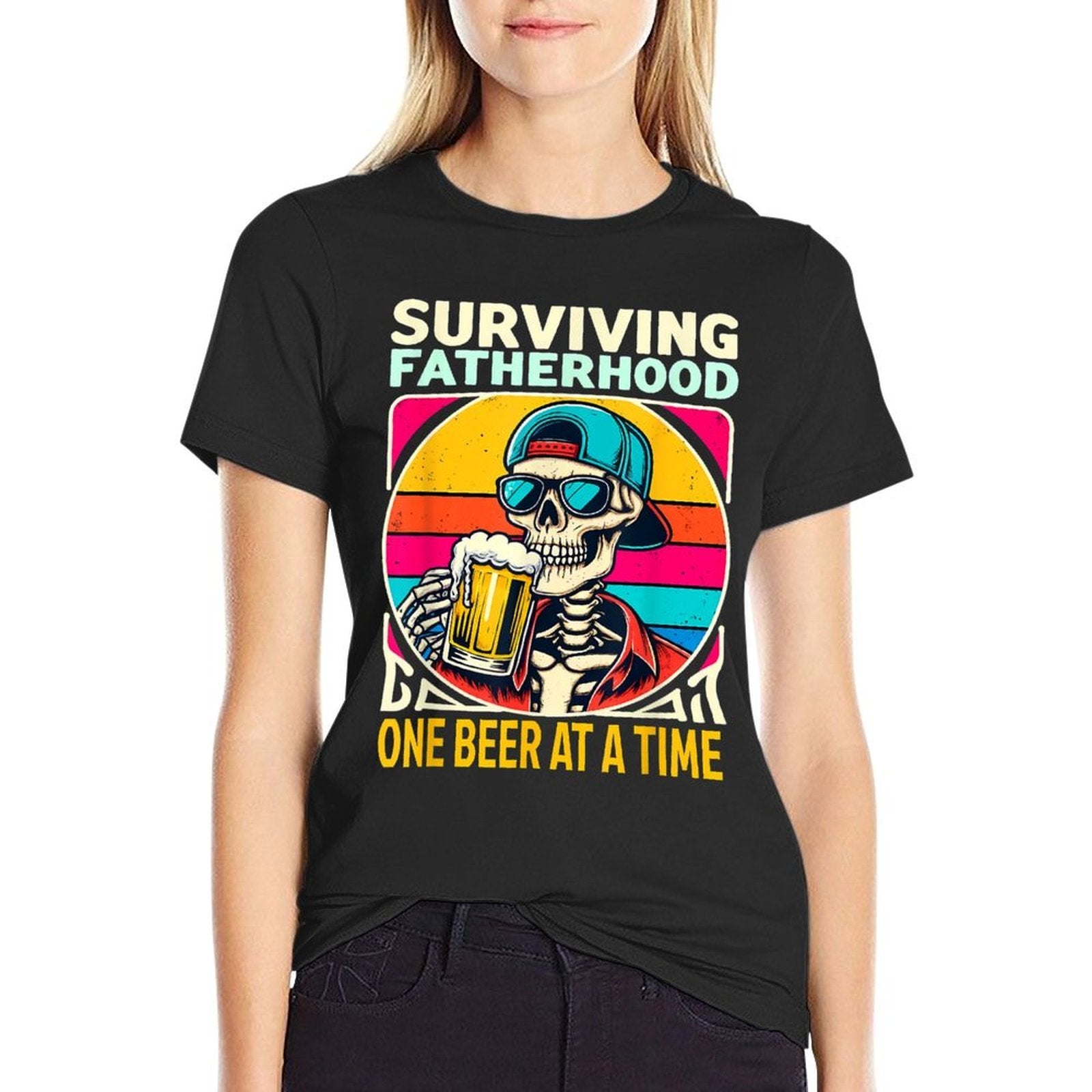 Surviving Fatherhood One Beer At A Time Skeleton Drinking  Oversized Silhouette T-Shirt