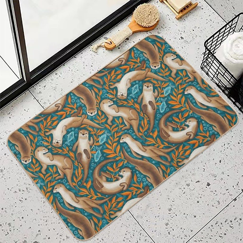 Sweet Swimming Otters in Dark Teal And Orange Gouache  Odorless Bath Mat
