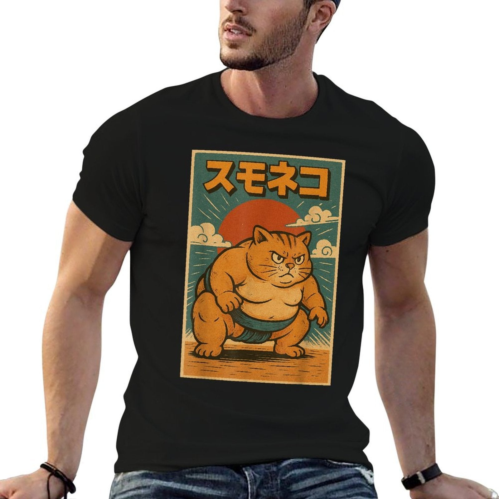 Funny Cat Sumo Wrestler Japanese Art Anime Ukiyo-e Graphic  Durable T-Shirt