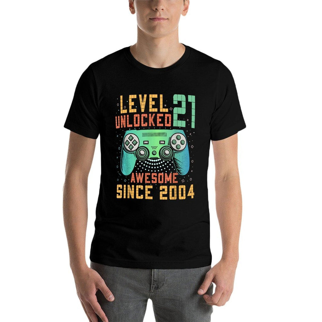 Level 21 Unlocked 21st Birthday 21 Year Old Man Gifts Gaming  Rolled Sleeves T-Shirt