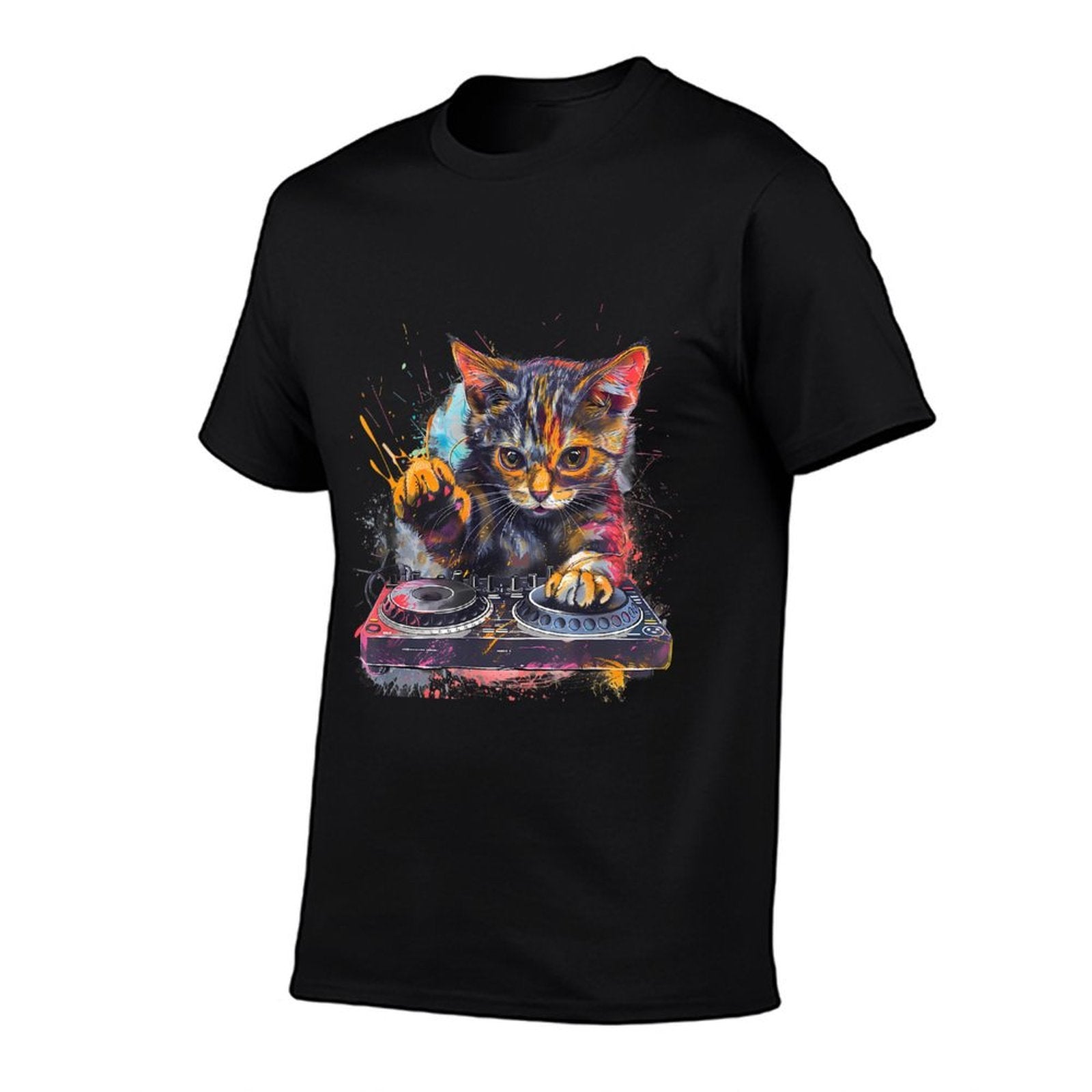 DJ Cat Turntable DJ Cat EDM Artwork House Music Beatmaker  Rolled Sleeves T-Shirt