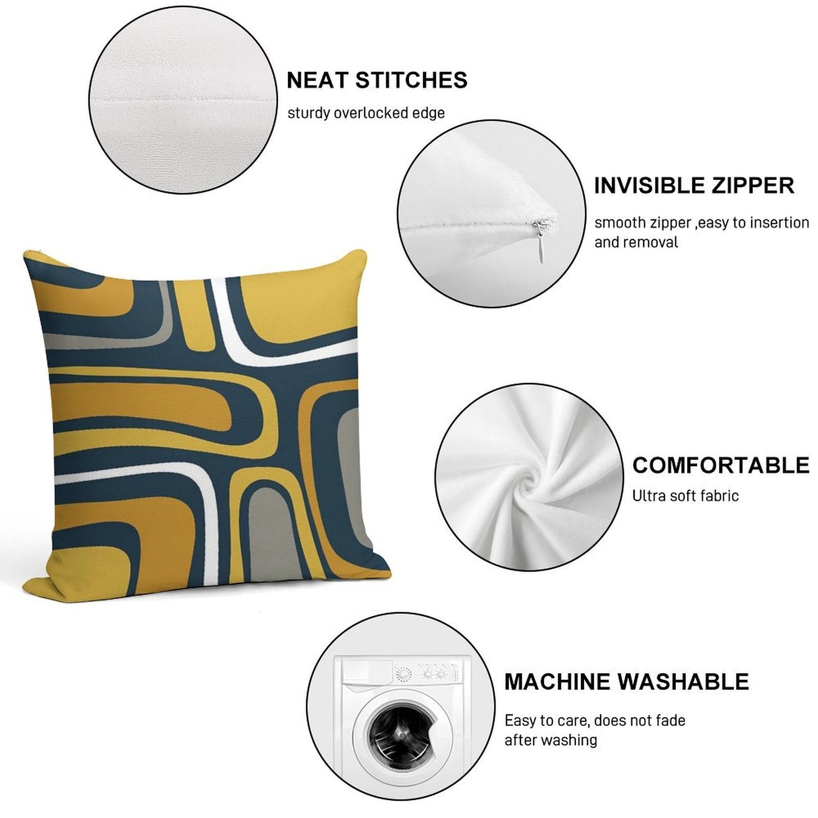 Palm Springs Mid-Century Modern Abstract Pattern in Light And Dark Mustard, Gray, And White on Navy Blue Soft Skin-Friendly Throw Pillow