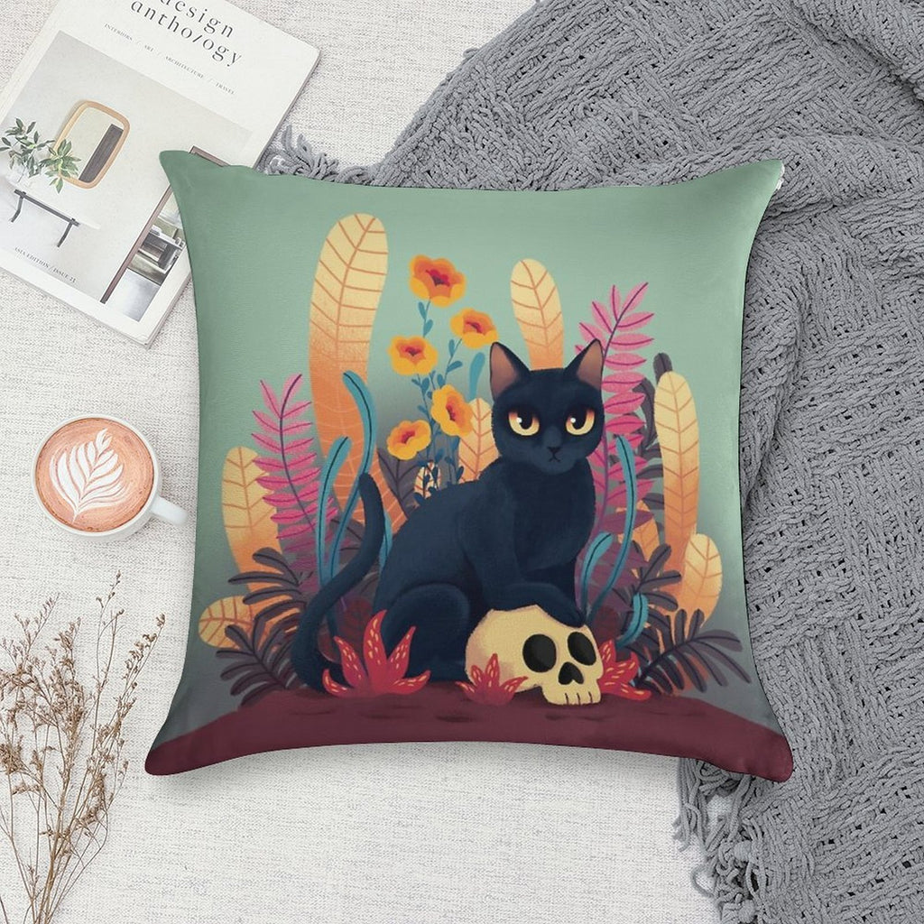 Skull Kitty Soft Bedroom Essential Throw Pillow