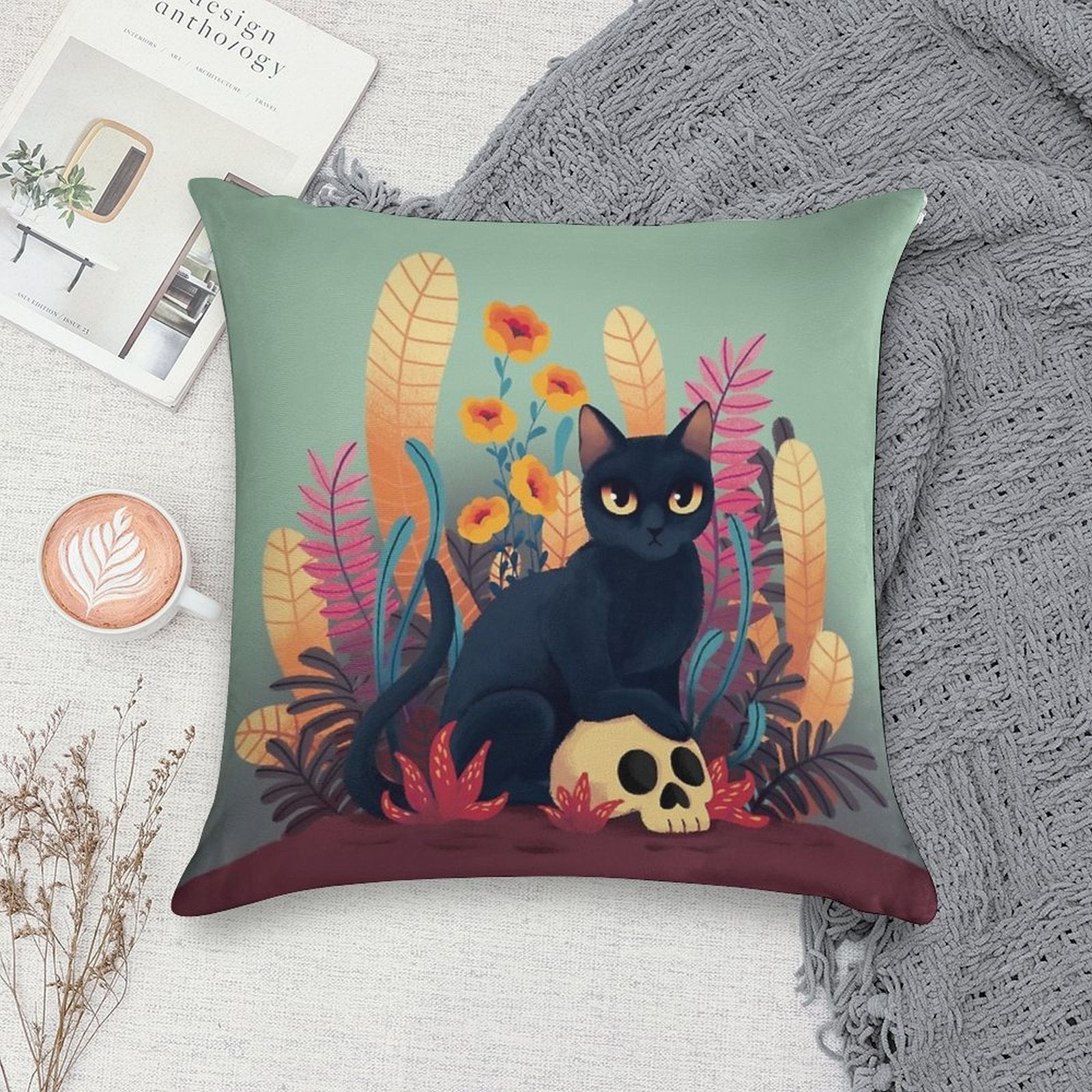 Skull Kitty Soft Bedroom Essential Throw Pillow