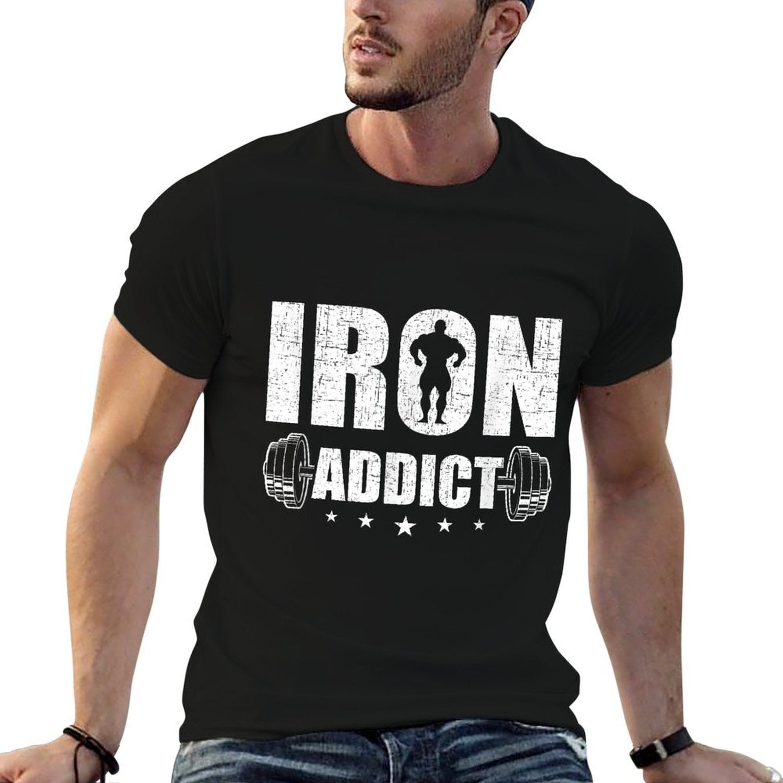 Bodybuilding Weightlifting Workout Gift Co. Iron Addict - Mens Black Cotton Blend Classic Fit - Workout  Exercise And Fitness -  Durable T-Shirt
