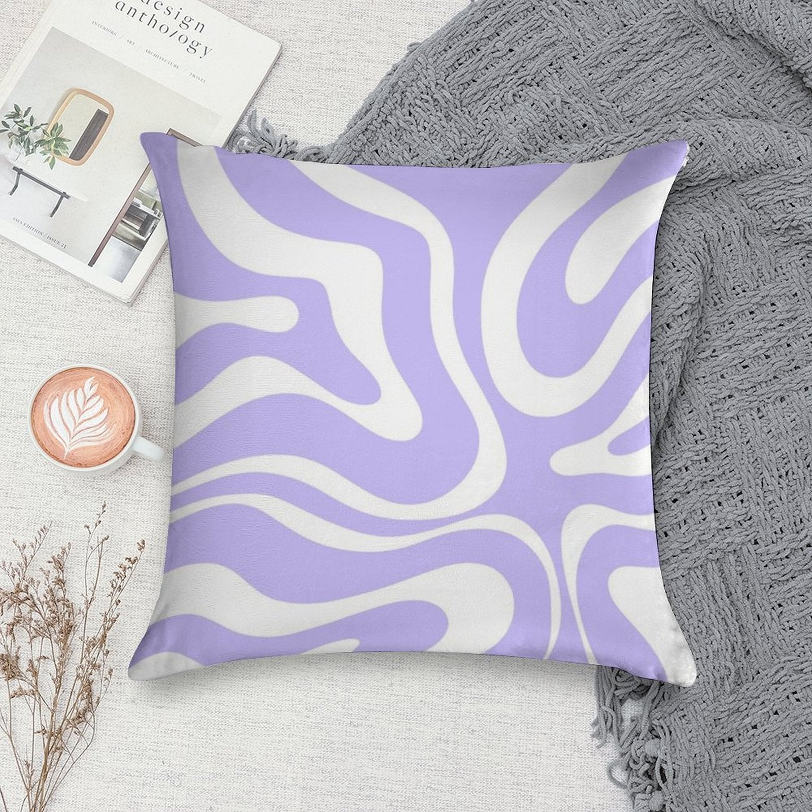 Retro Modern Liquid Swirl Abstract Pattern Square in Light Purple And White Soft Fade-Resistant Throw Pillow