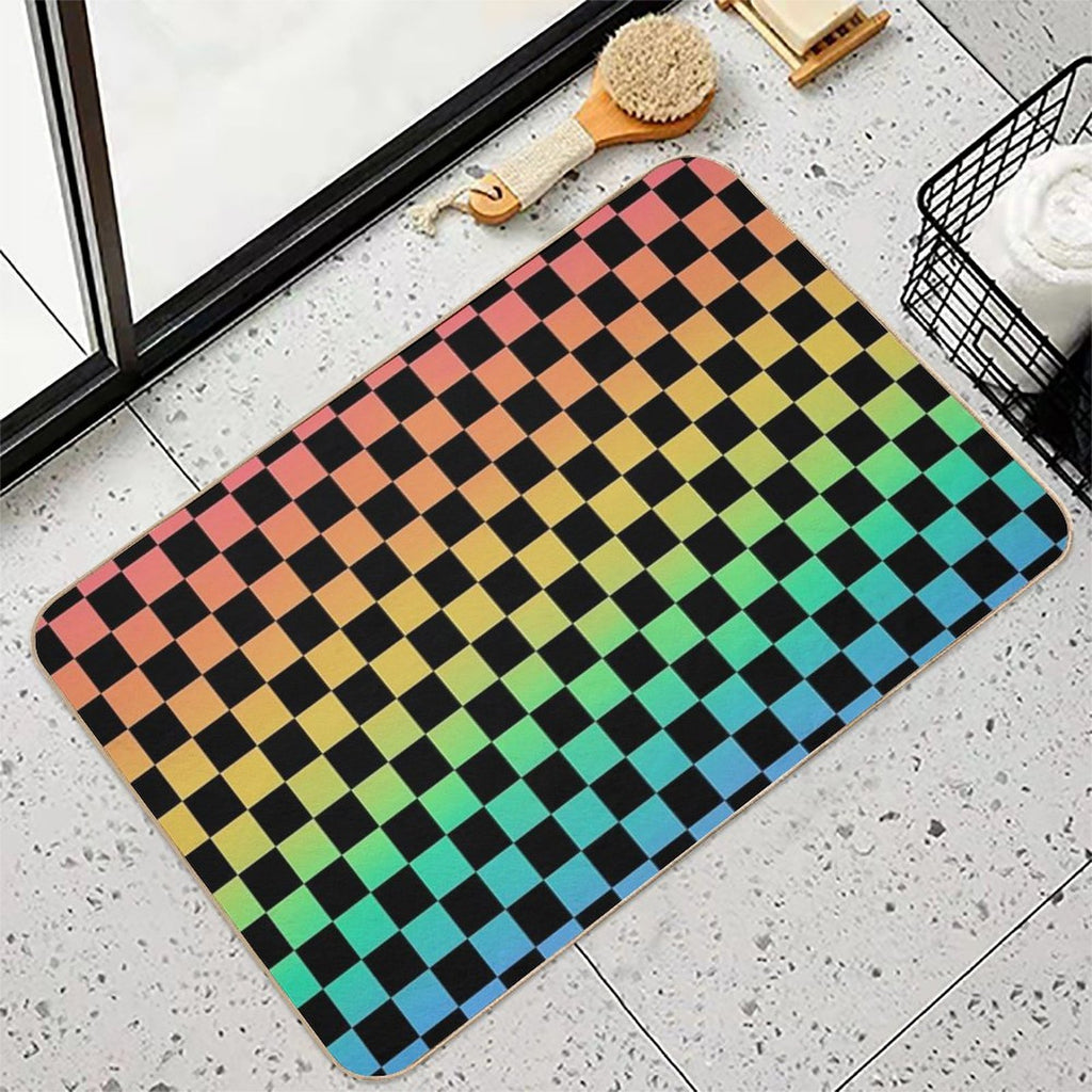 Rainbow And Black Checkerboard  Dirt-Trapping Bath Mat